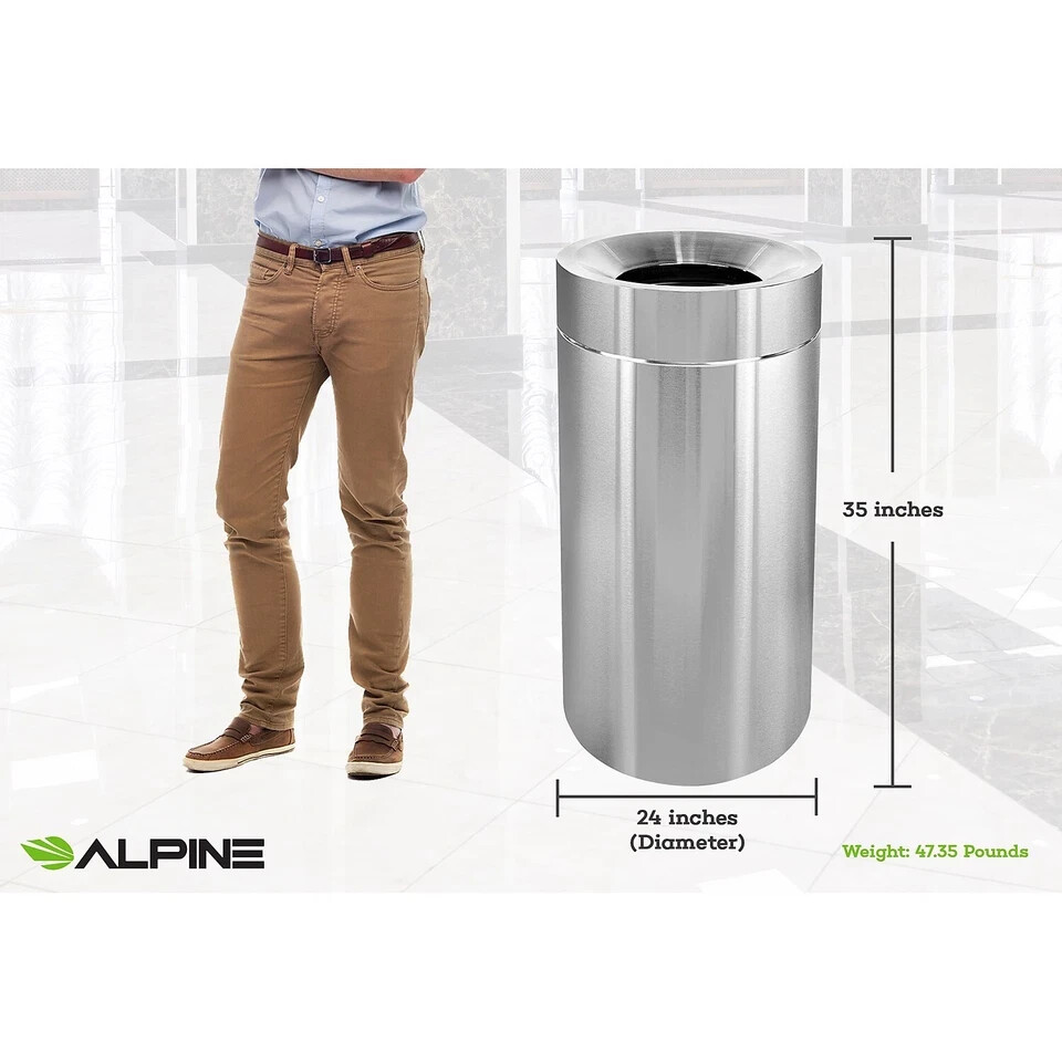 Alpine Industries 50-Gallon Stainless Steel Indoor Trash Can w/ Funnel Open Top.