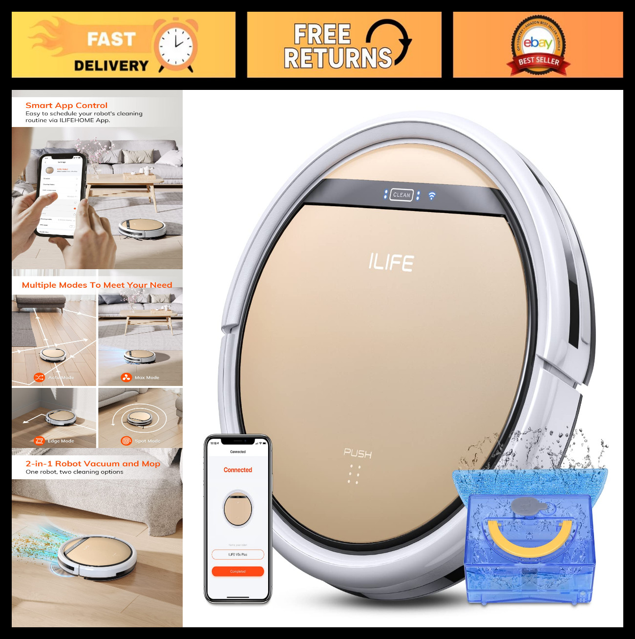 Robot Vacuum and Mop Combo – Remote & App Control, Self-Charging, Slim Design, I