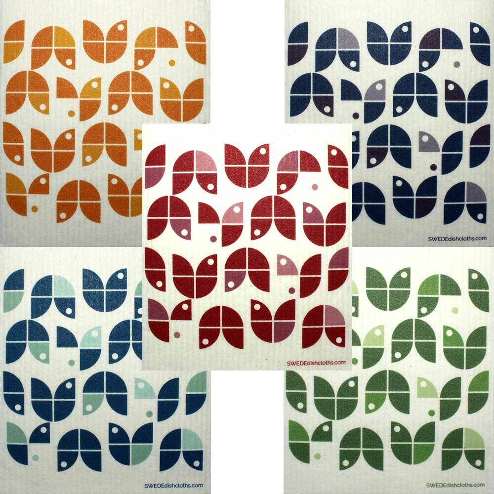 Geometric Flowers on White Set of 5 cloths (One of each design) Swedish Dishclot