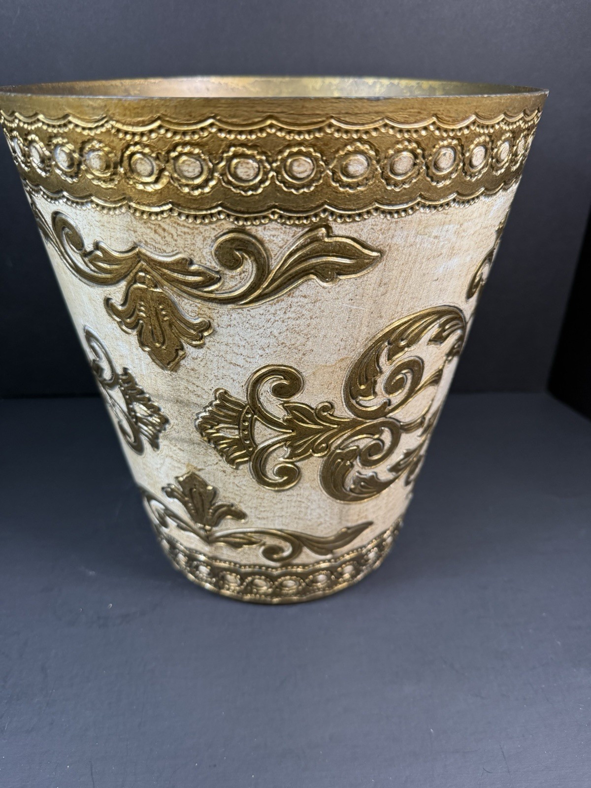 Vintage Florence Italy Florentine White Gold Gilt Wastebasket 10 1/2