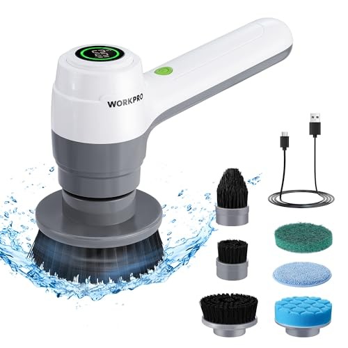 WHITE/GRAY – WORKPRO 8V ELECTRIC SPIN SCRUBBER 3SPEED 6 REPLACEABLE BRUSH HEADS