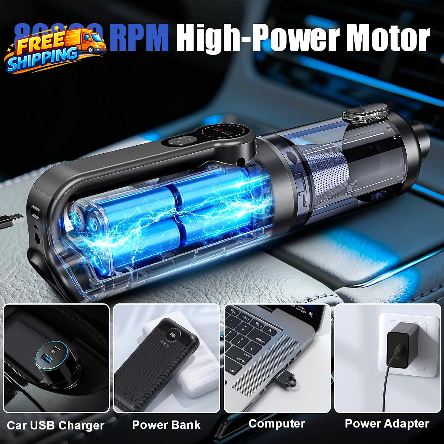 Car Vacuum Portable Cordless19000 Pa 4 in 1 Handheld Vacuum Motor with LED Light