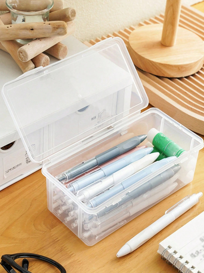 1 pc Transparent Large Capacity Plastic Pencil Case for Pens & Crayons Storage