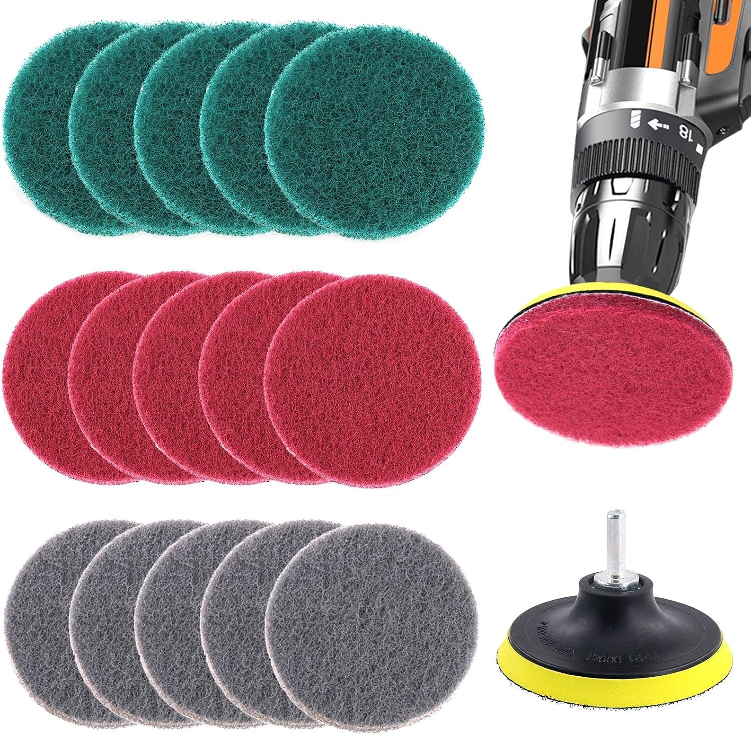 10 Piece Drill Scour Attachment Set 4″ Red/Green/Gray – Power Scour Scrubber