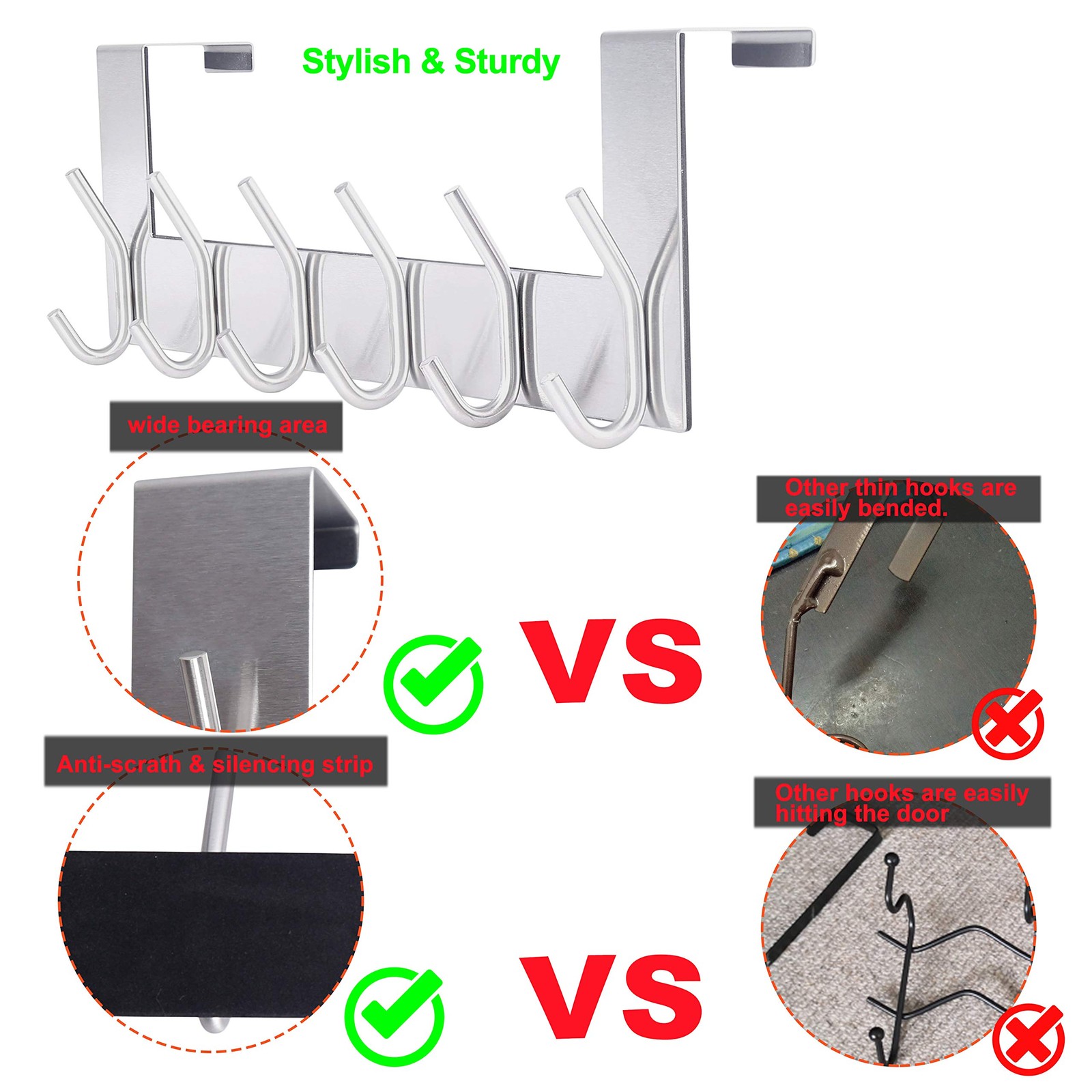 SKOLOO Over The Door Hook – 6 Hooks, No Assembly Required, 1 Pack, Silver