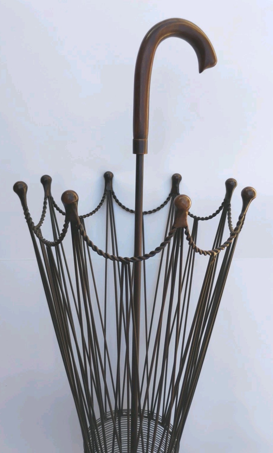 MCM Umbrella Shaped Stand Canes Umbrellas Copper Wire Wood handle 32” X 11.5”