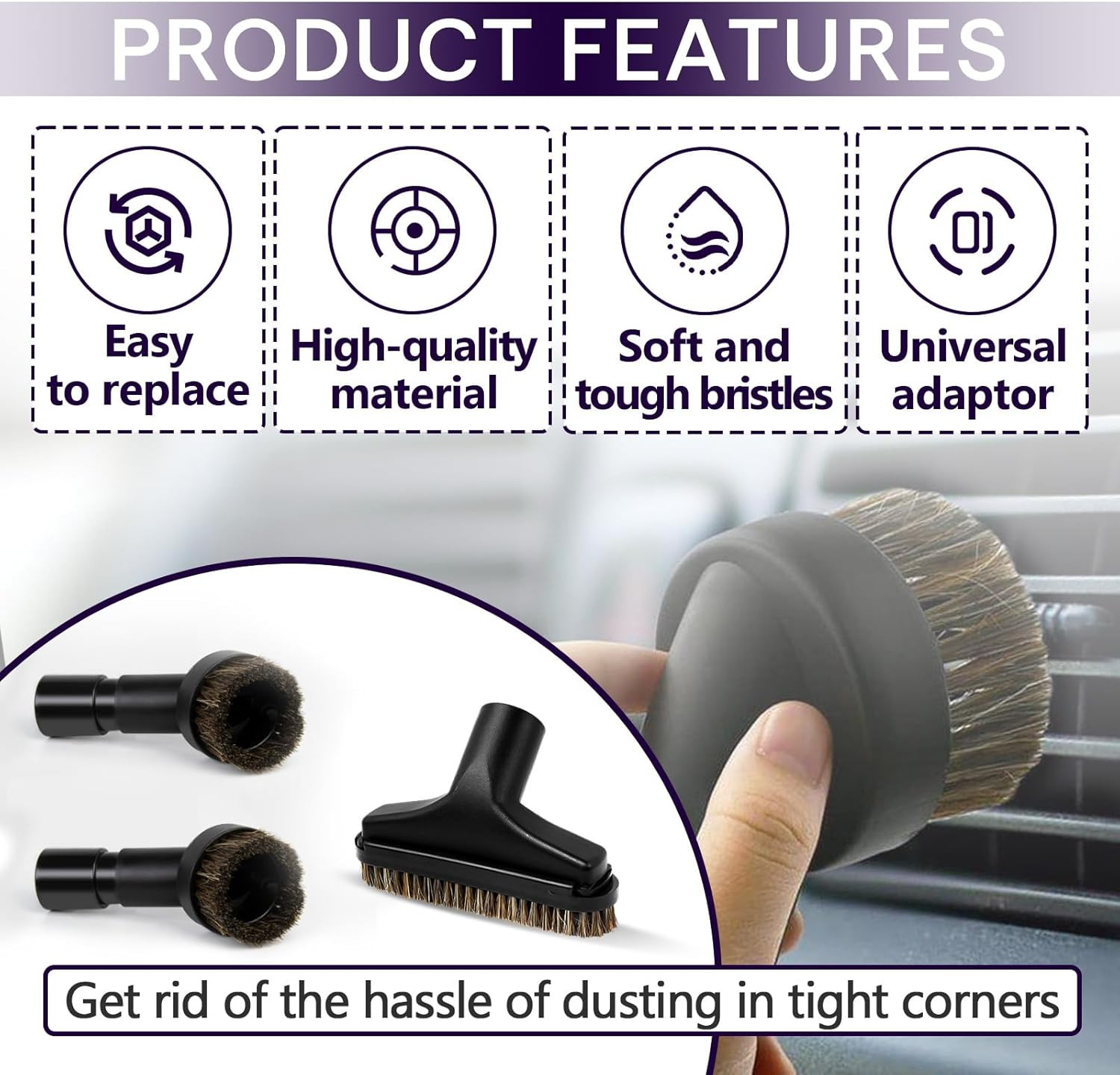 5PCS Horse Hair Brush Vacuum Attachment Set – Black round Vacuum Attachments & B