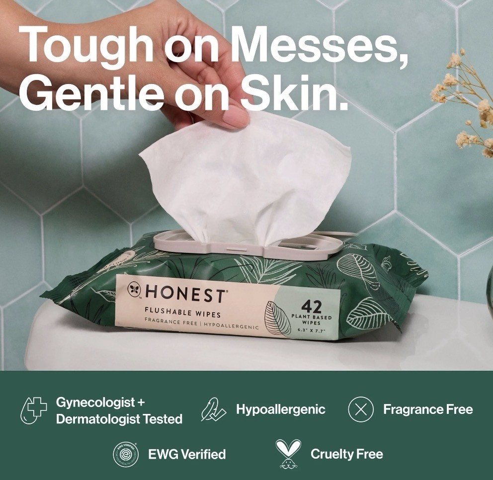 The Honest Company Hypoallergenic Flushable Butt Wipes – Sensitive Skin, 42ct