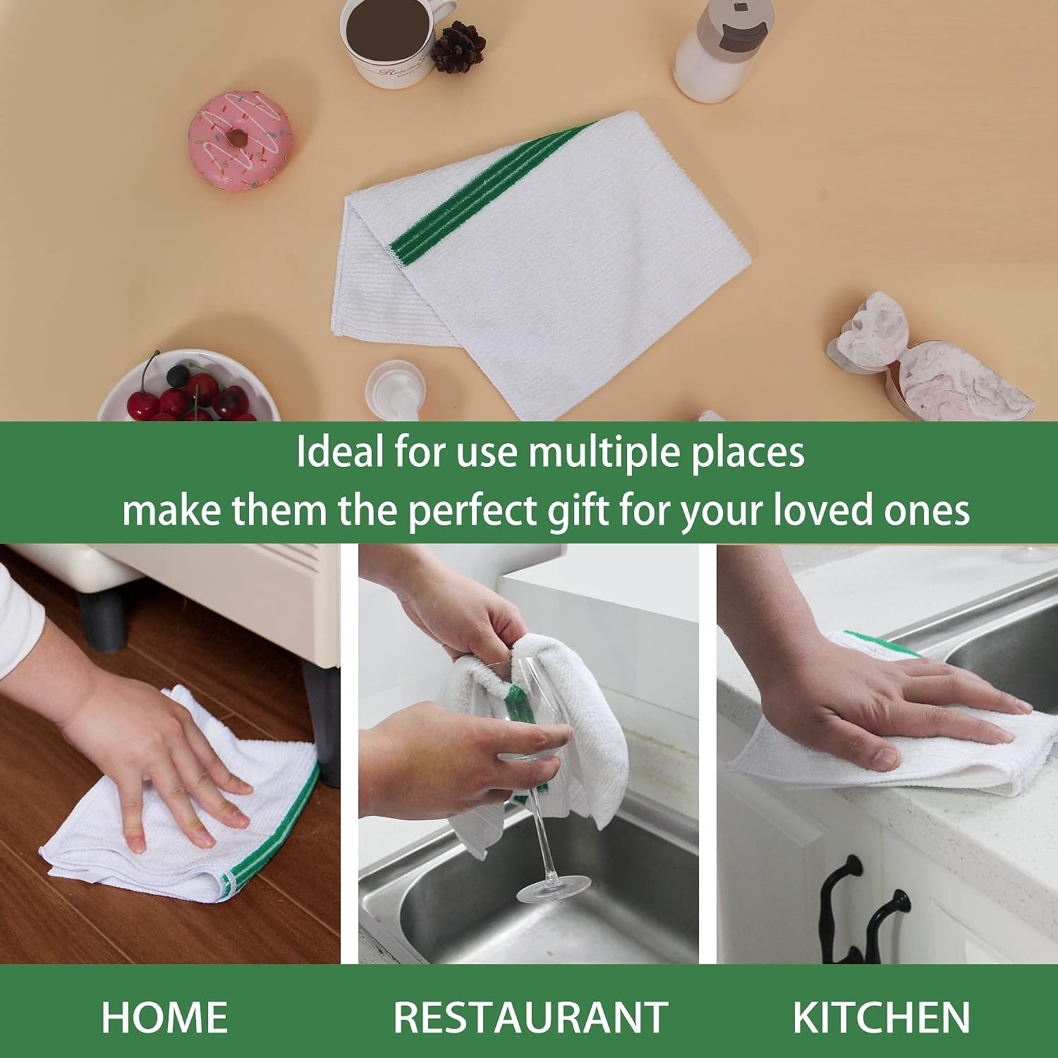 Premium 24 Pack White with Green Stripe Bar Mop Microfiber Towels for Home,