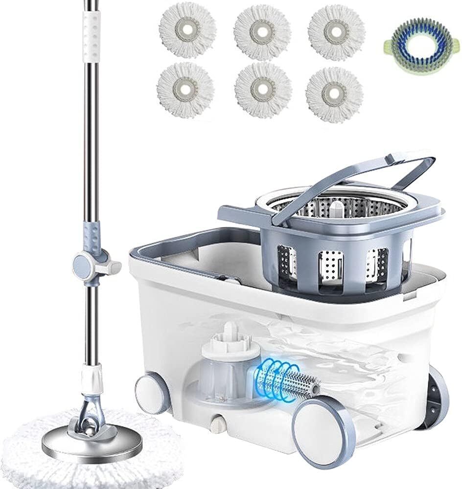 Spin Mop Bucket Deluxe 360-degree rotating floor cleaning system with 6 microfib