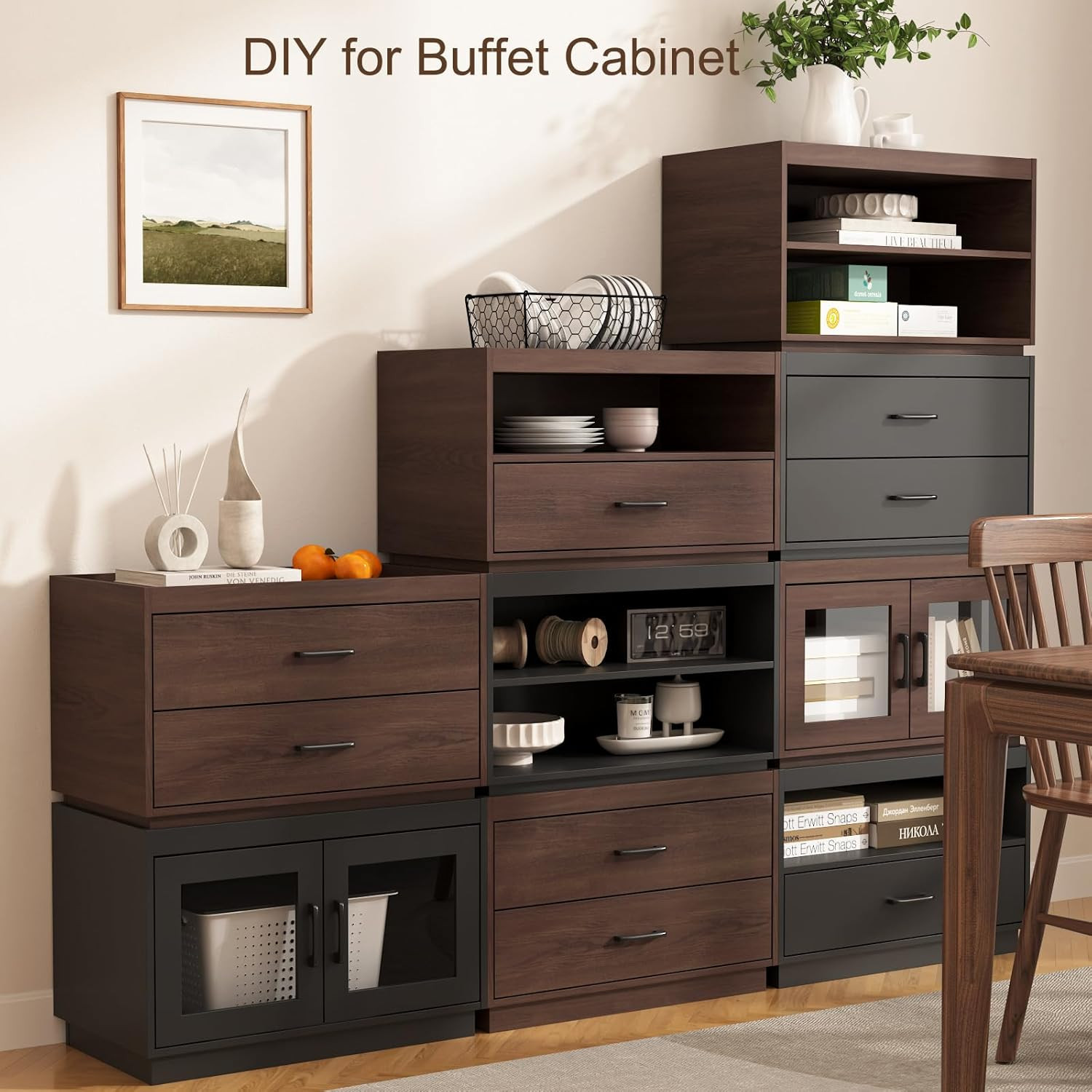 Modern Stackable Storage Drawers – 28″ Wide Closet Organizer with 2 Bins, Brown
