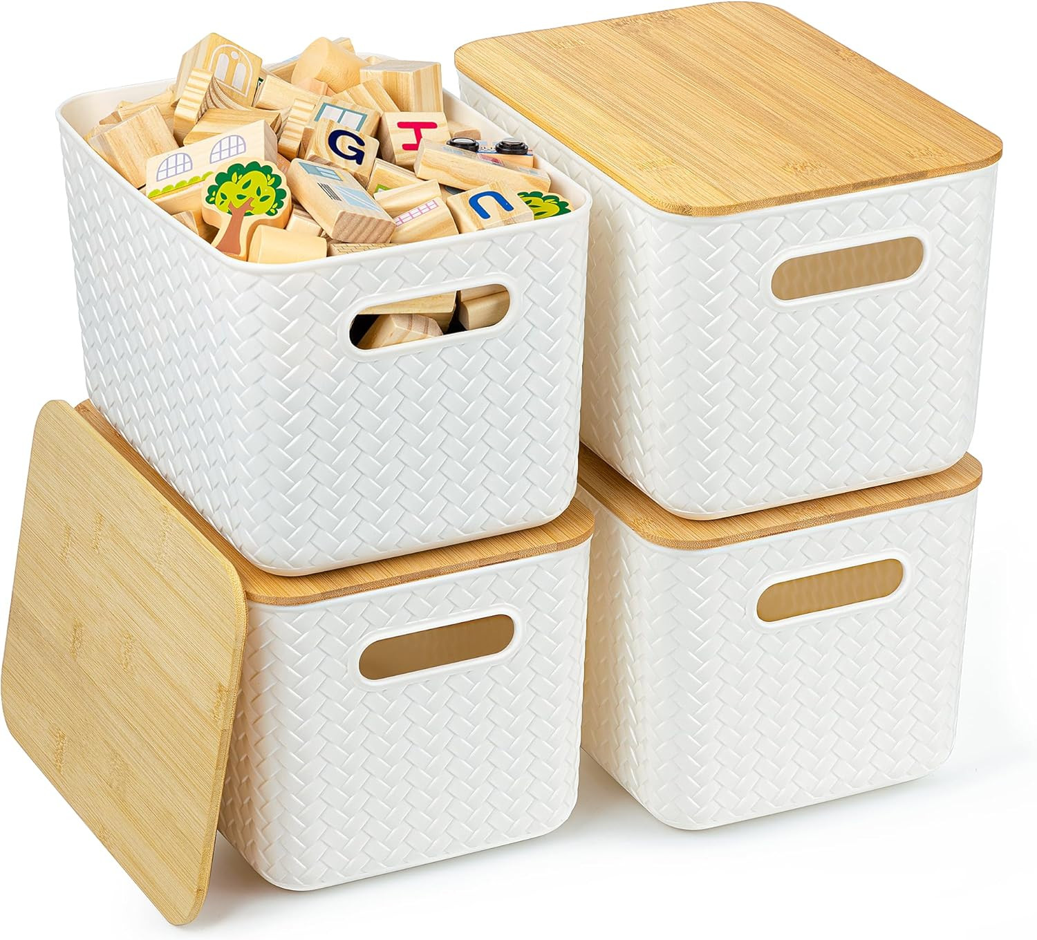 4 Packs Storage Bins with Bamboo Lids -Plastic Storage Containers Storage Box