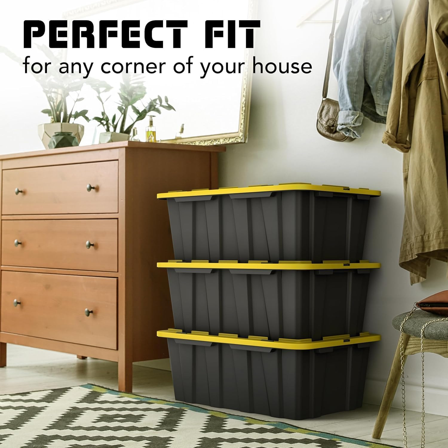 12 Gallon Black & Yellow Storage Bins – 8 Pack, Stackable & Durable Totes