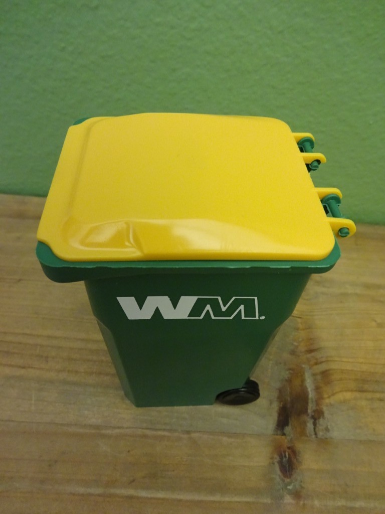 WASTE MANAGEMENT GARBAGE TRUCK MINI REPLICA TRASH BIN GREEN WITH YELLOW LID