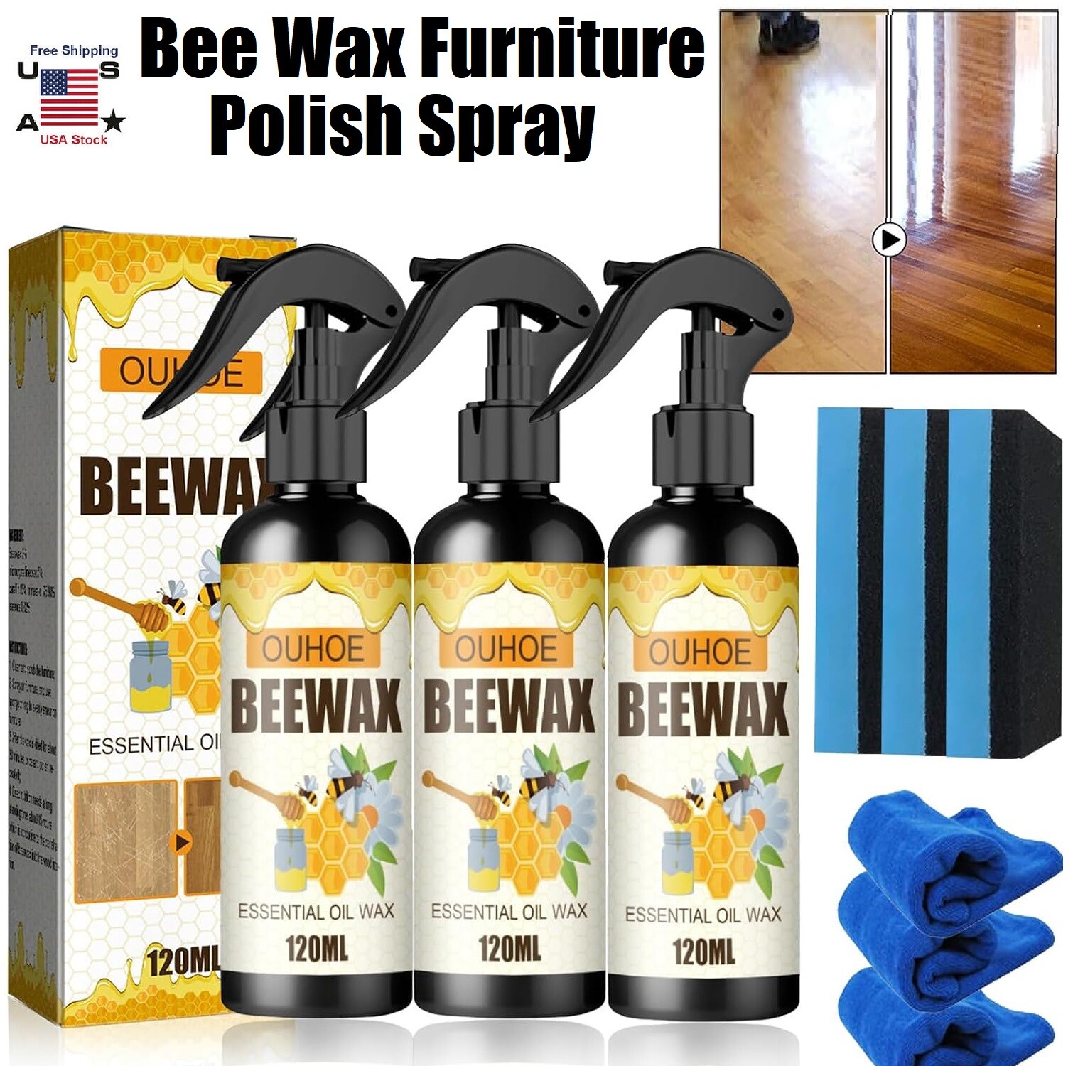 3× Natural Bee Wax Furniture Polish Spray Micro-Molecularized Beeswax w/ Tool US