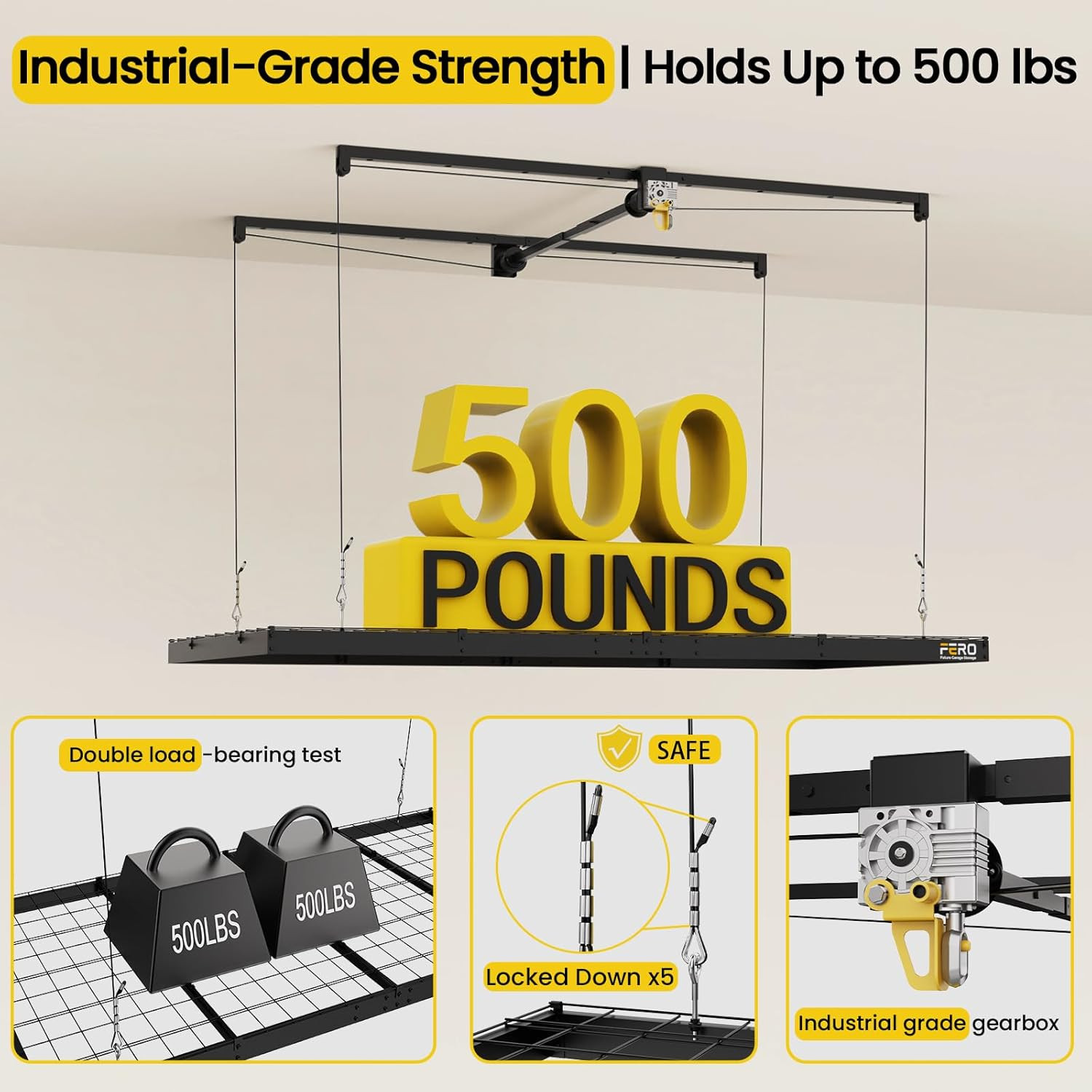 FERO Overhead Garage Storage Rack 4×8, 500 lb Heavy-Duty Capacity, Ceiling Mount