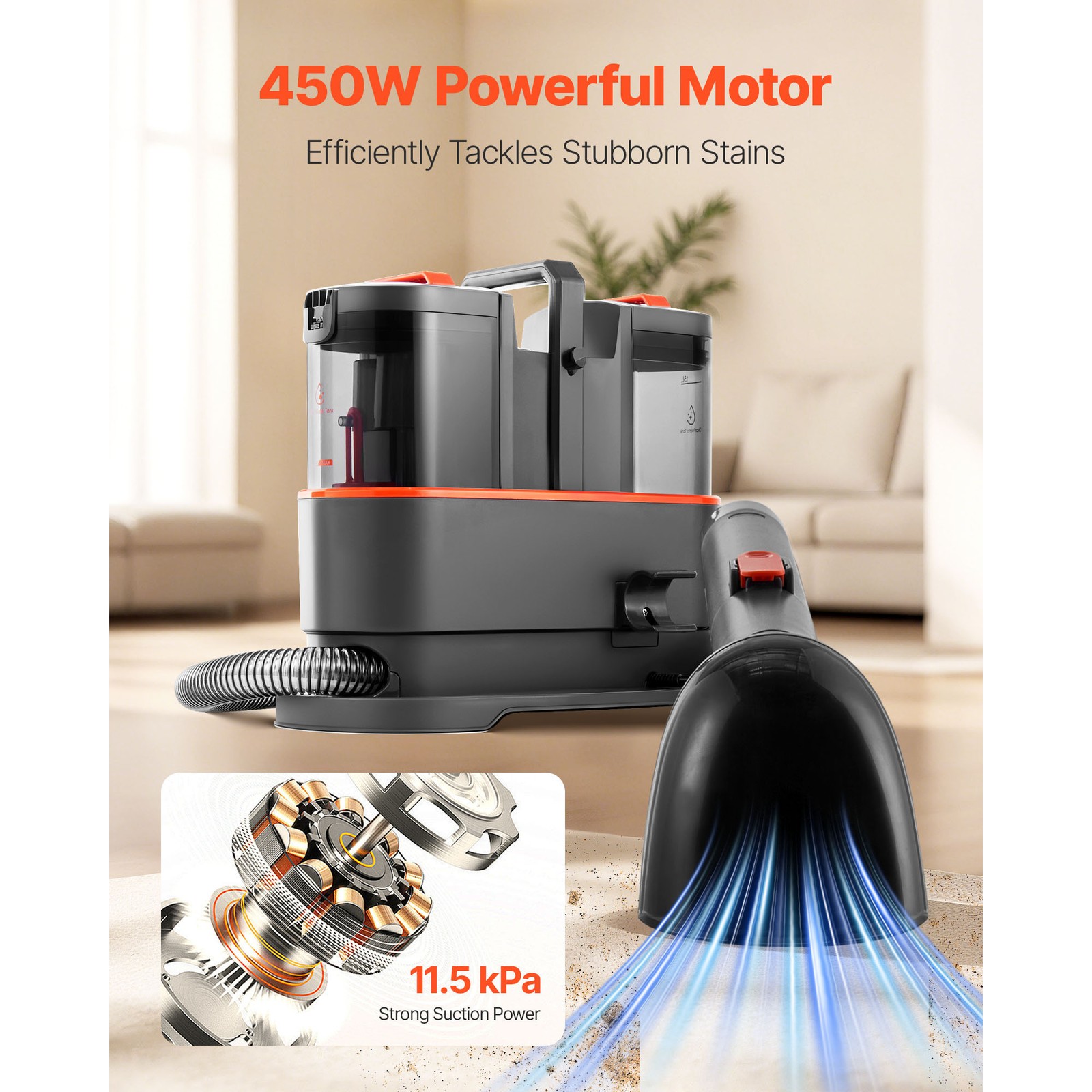 Uimoso Compact Carpet Cleaning Machine with Dual Tanks and 11.5Kpa Suction Power