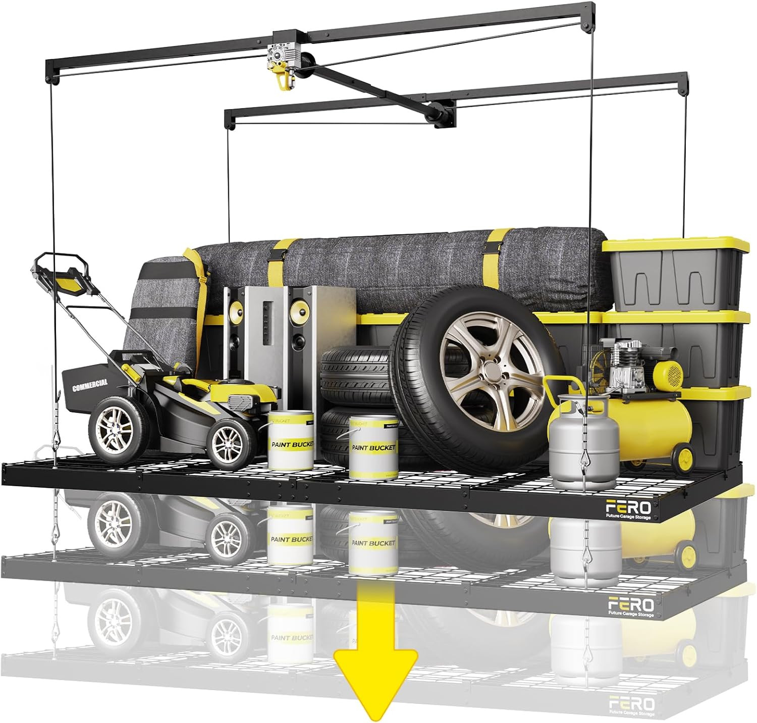FERO Overhead Garage Storage Rack 4×8, 500 lb Heavy-Duty Capacity, Ceiling Mount