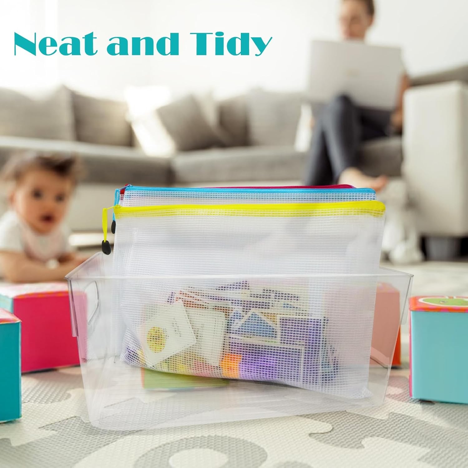 64 A4 Mesh Zipper Pouches Bulk, Clear Storage Bags for Office/Travel