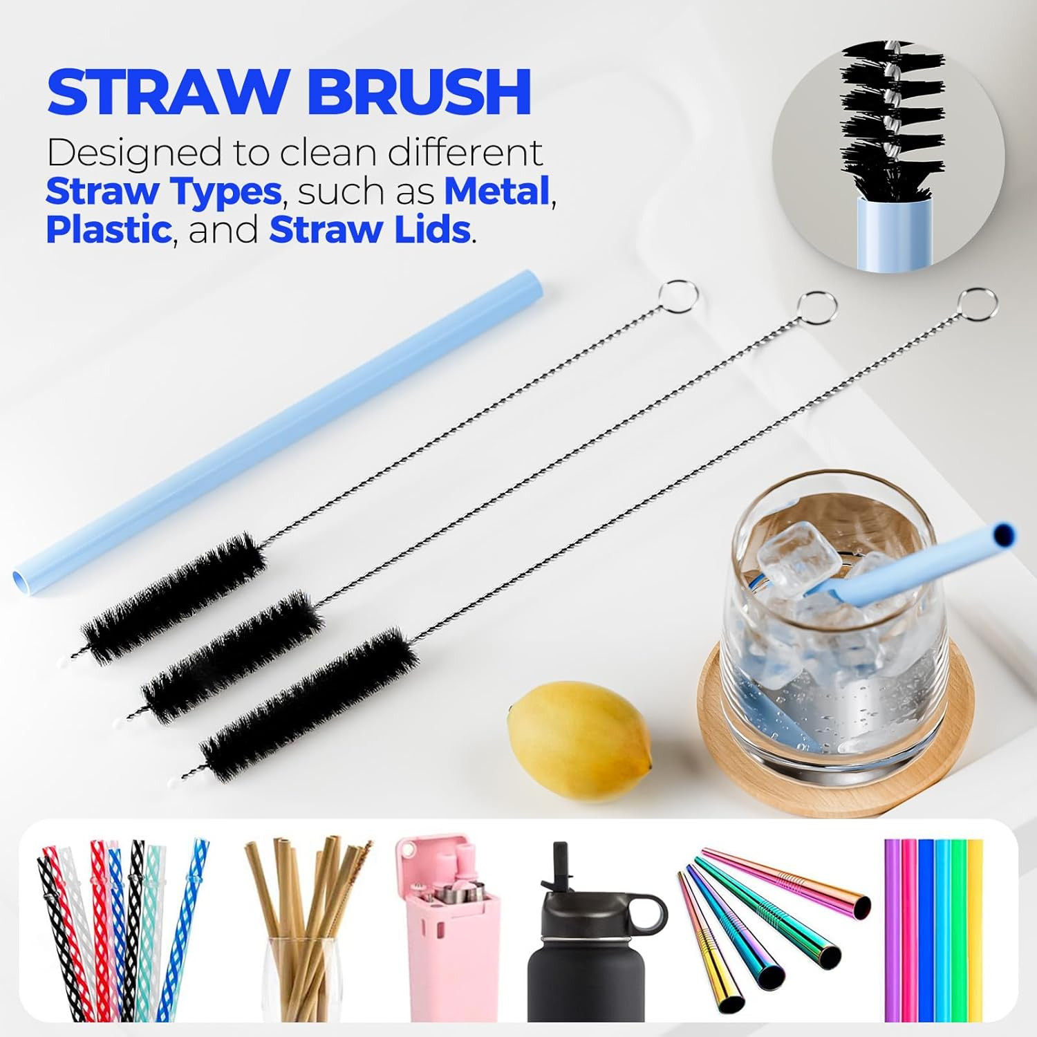 6 Pack Bottle Brush 14″ Stainless Steel Straw Cleaner Brush,Black | Bottle Clean