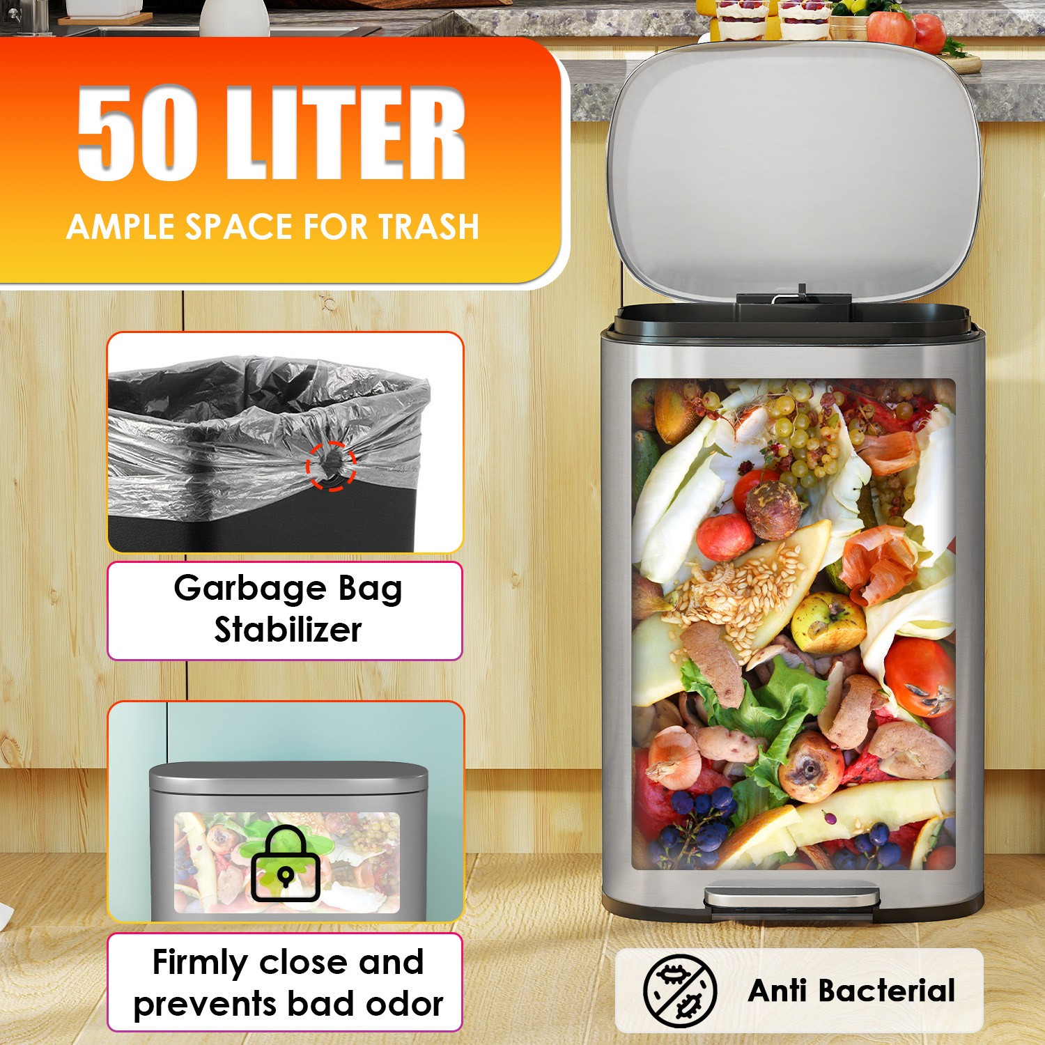 13 Gallon/50 Liter Trash Can with Lid Step, Fingerprint-Proof Kitchen Trash Bin