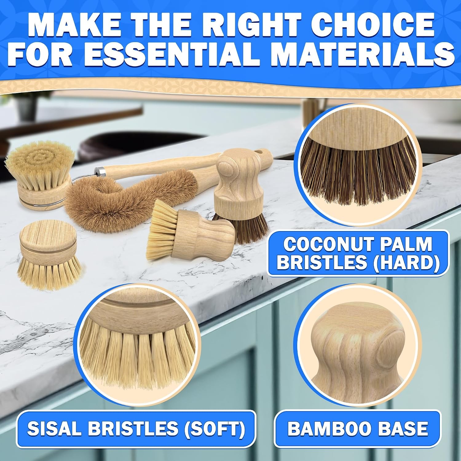 5 Pcs Bamboo Dish Brush Set, Non-Scratch Bristles, Replacement Head | Bamboo