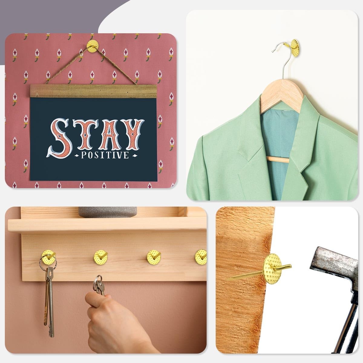 50pcs Picture Hanging Nails Hooks Frame Hangers Kit for Drywall Wood Gold