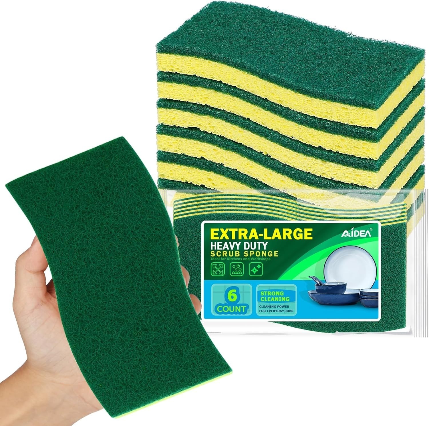 XL Scrub Sponges 6Count, Heavy Duty Sponges for Dishes, Extra Large Sponge