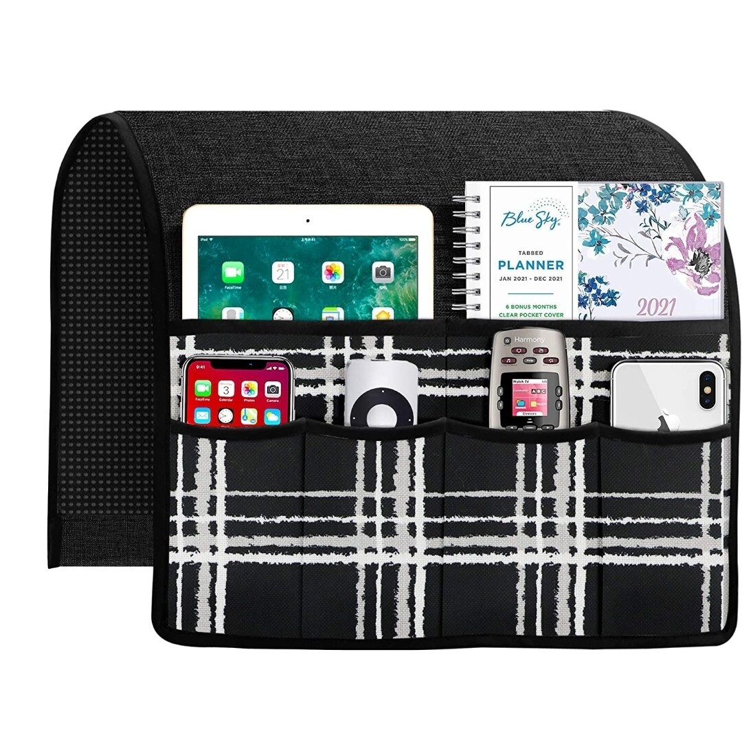 Joywell Linen Checkered Sofa Armrest Organizer, Remote Control Holder for Reclin