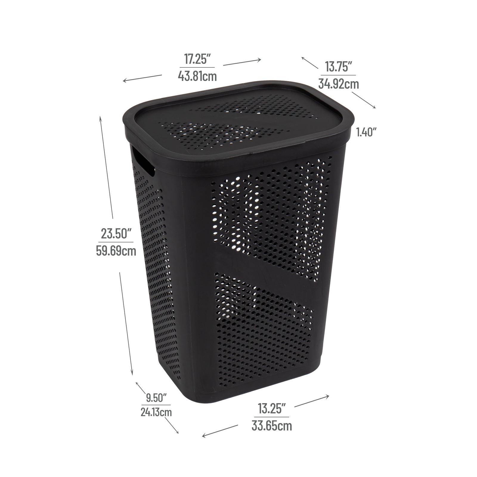 60L Slim Laundry Hamper Lid Ventilated Plastic 17.25″L x 13.75″W x 23.5″H Black