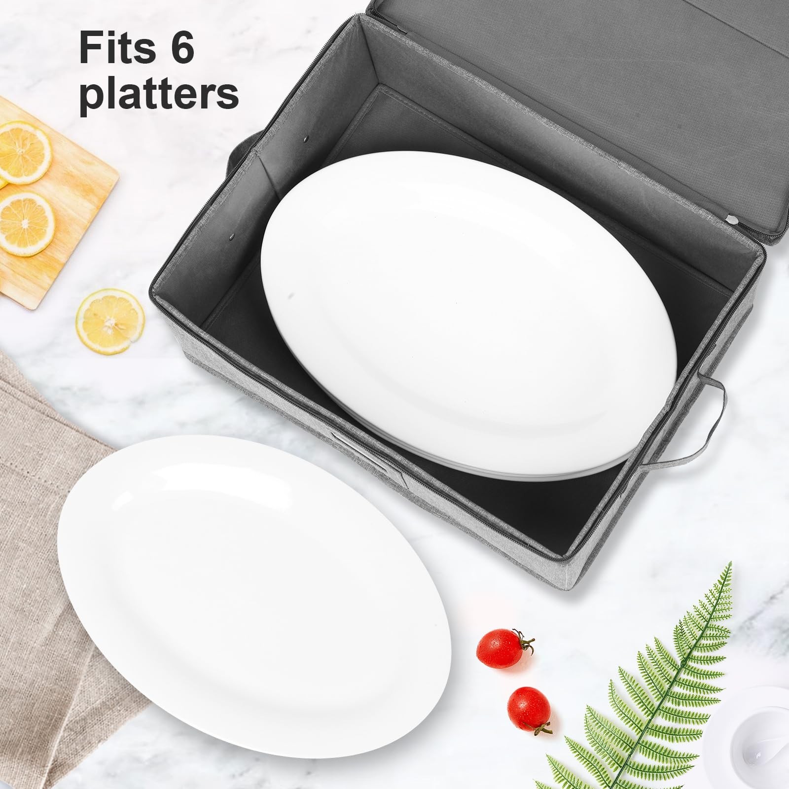 2 PCS Linen Grey Hard Shell Platter Storage Container Case 17x13x6 Inch Set