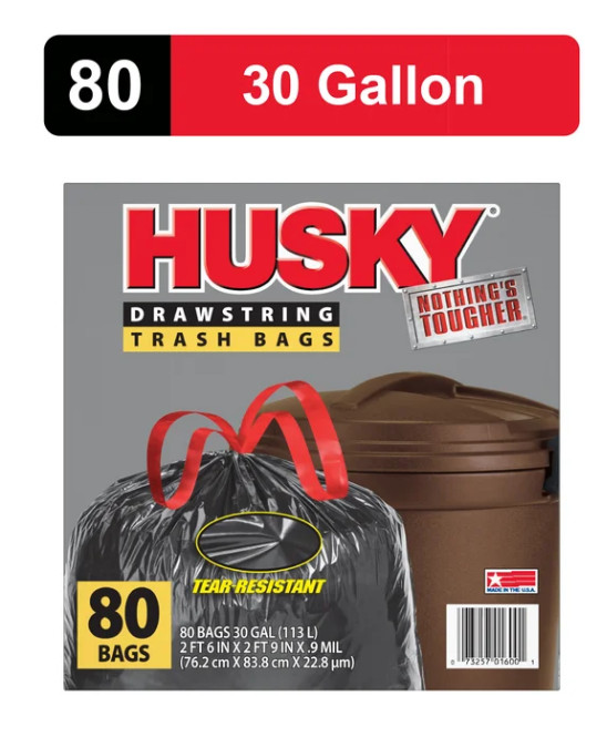 3 packs Husky Large Trash Bags, 30 Gallon, 80 Black Bags (Unscented, 20% PCR)