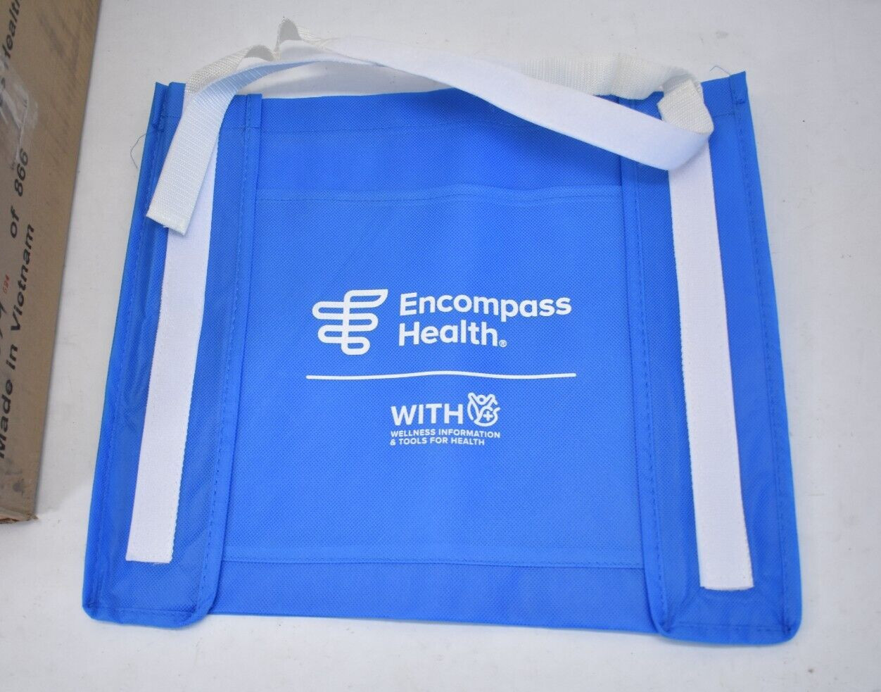 Lot of 60 Carry Tote Bags w Outer Pocket BRANDED Blue/White Hook & Loop Handles