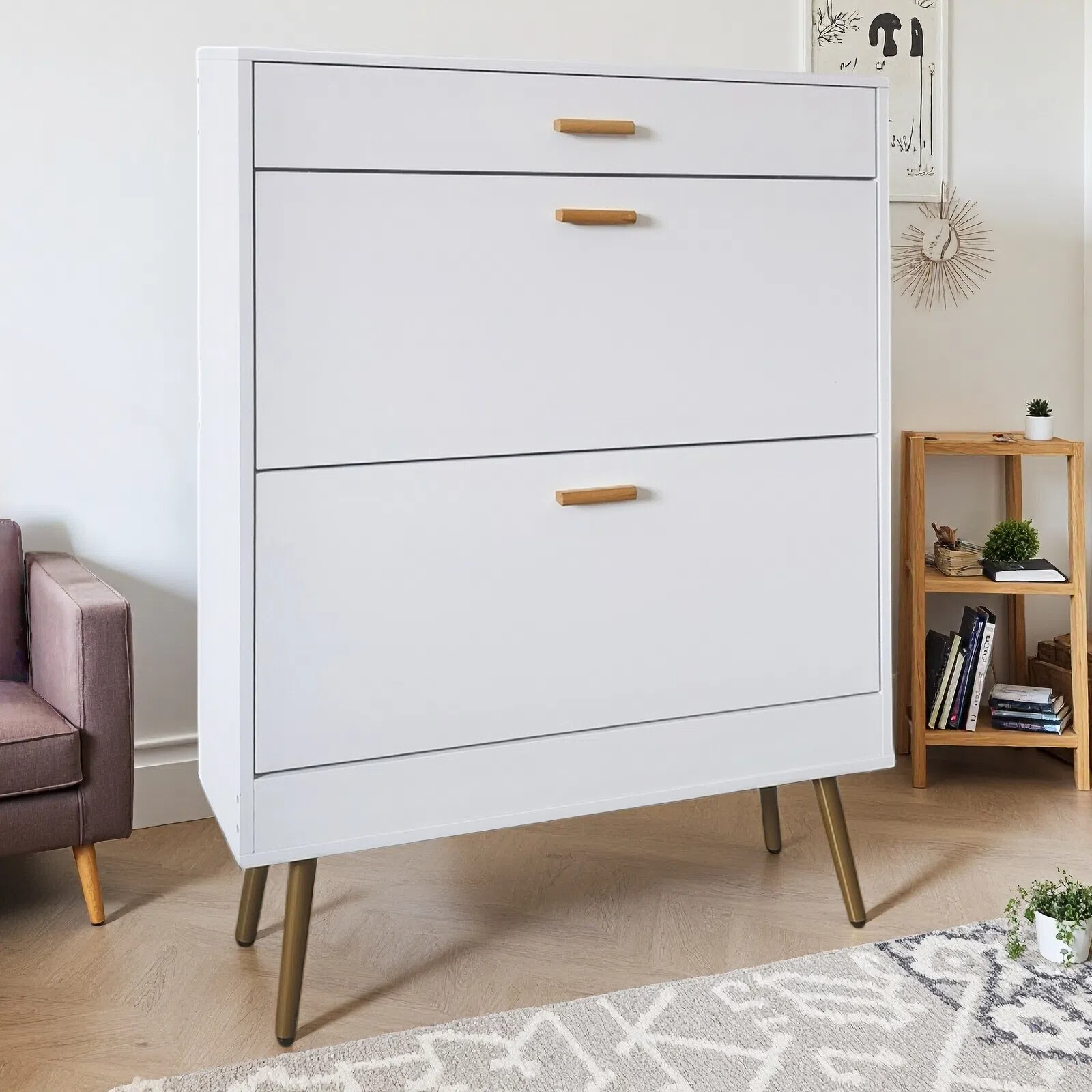 White 2 Flip Drawers Shoe Cabinet, Luxury Shoe Storage & Shoe Rack