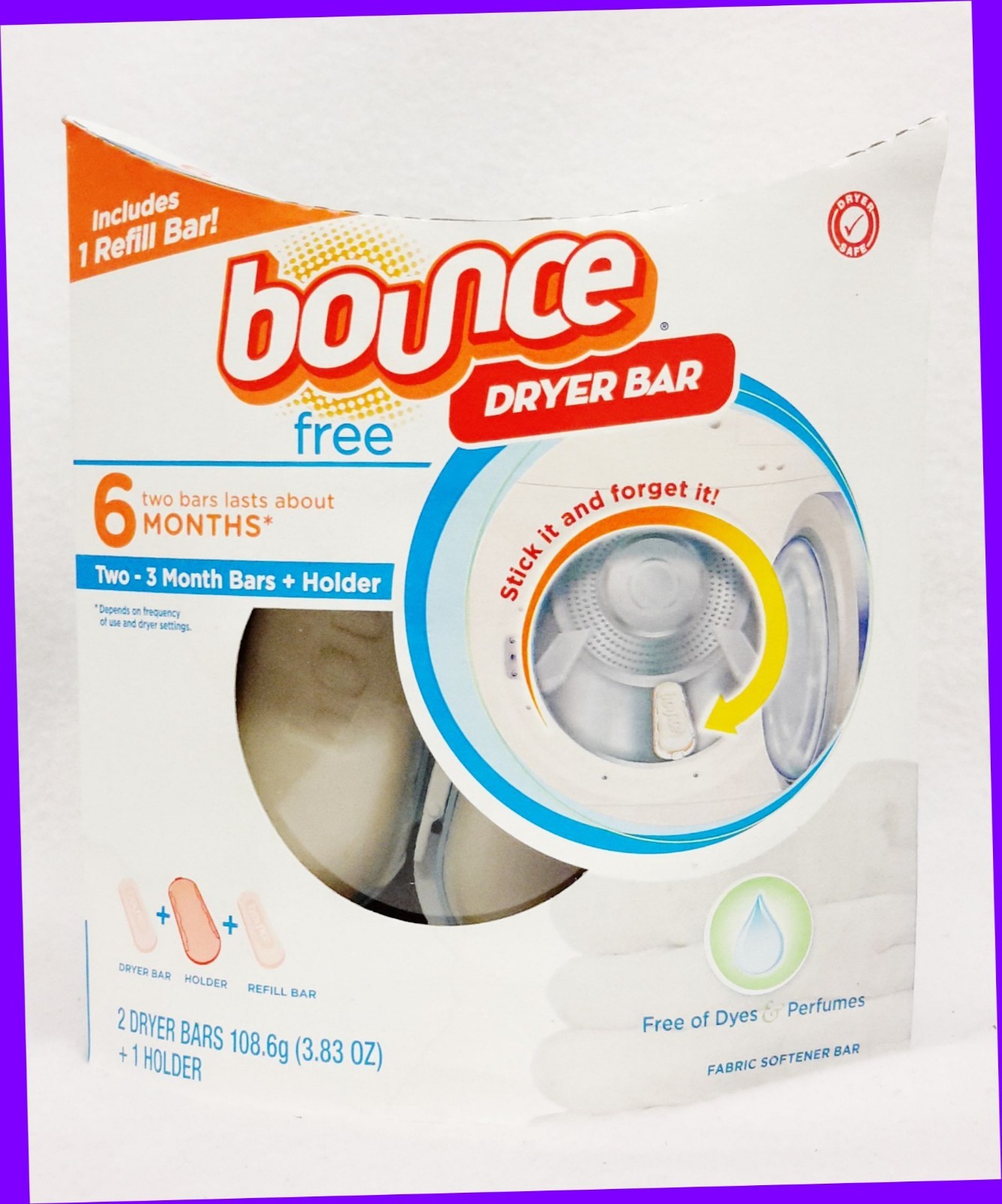 Bounce Dryer Fabric Softener Refill 6 MONTHS 2 Bars/1 Holder FREE Dyes/Perfume