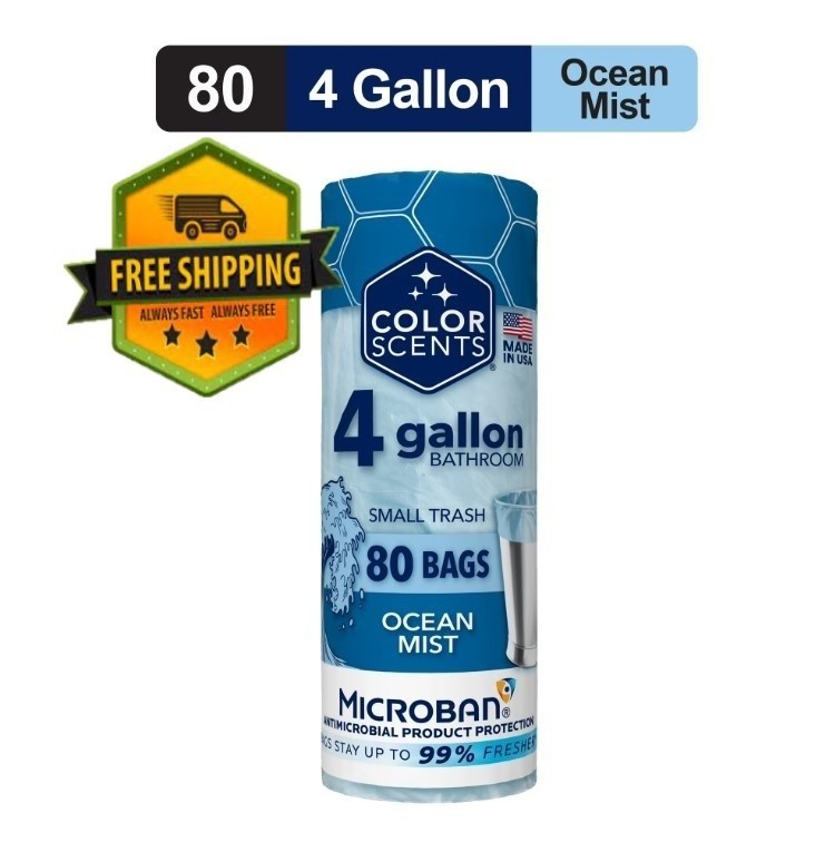 Color Scents 4-Gallon Trash Bags, Ocean Mist Scent, Microban, 80 Count