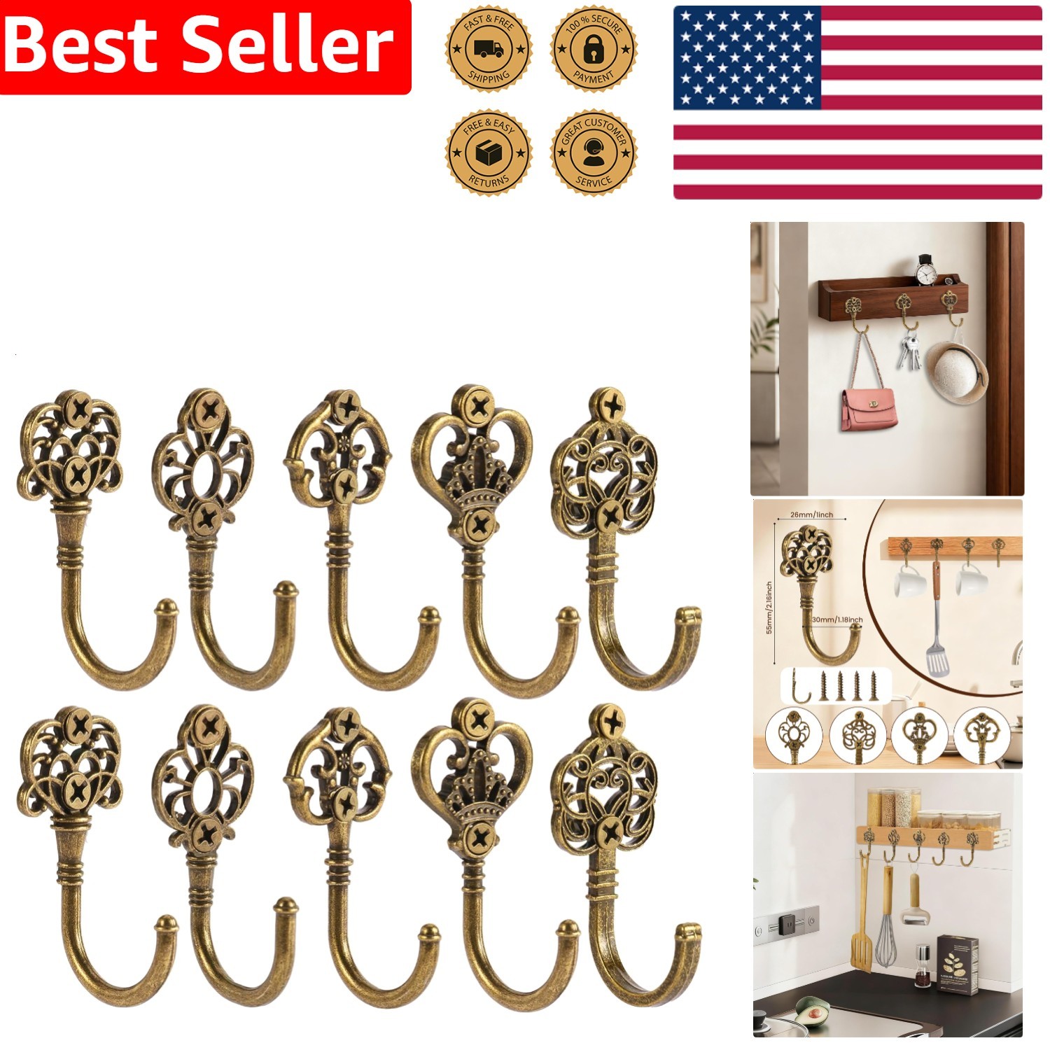Bohemian Metal Wall Hooks, 10 Pack Vintage Bronze Decorative Coat Hangers