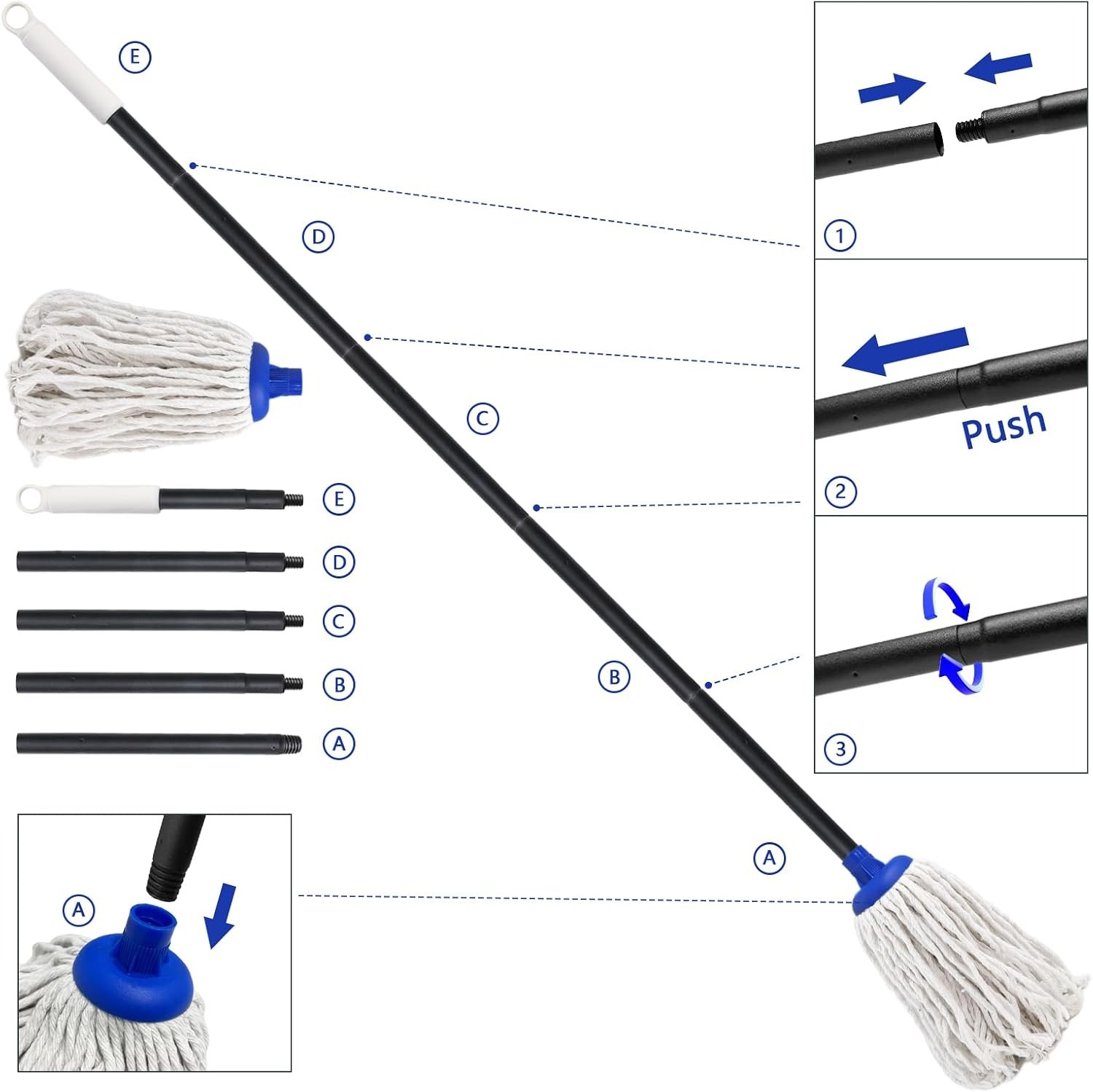 Space-Saving 52-Inch Indoor Mop with Cotton Head for Families – Effortless Clean