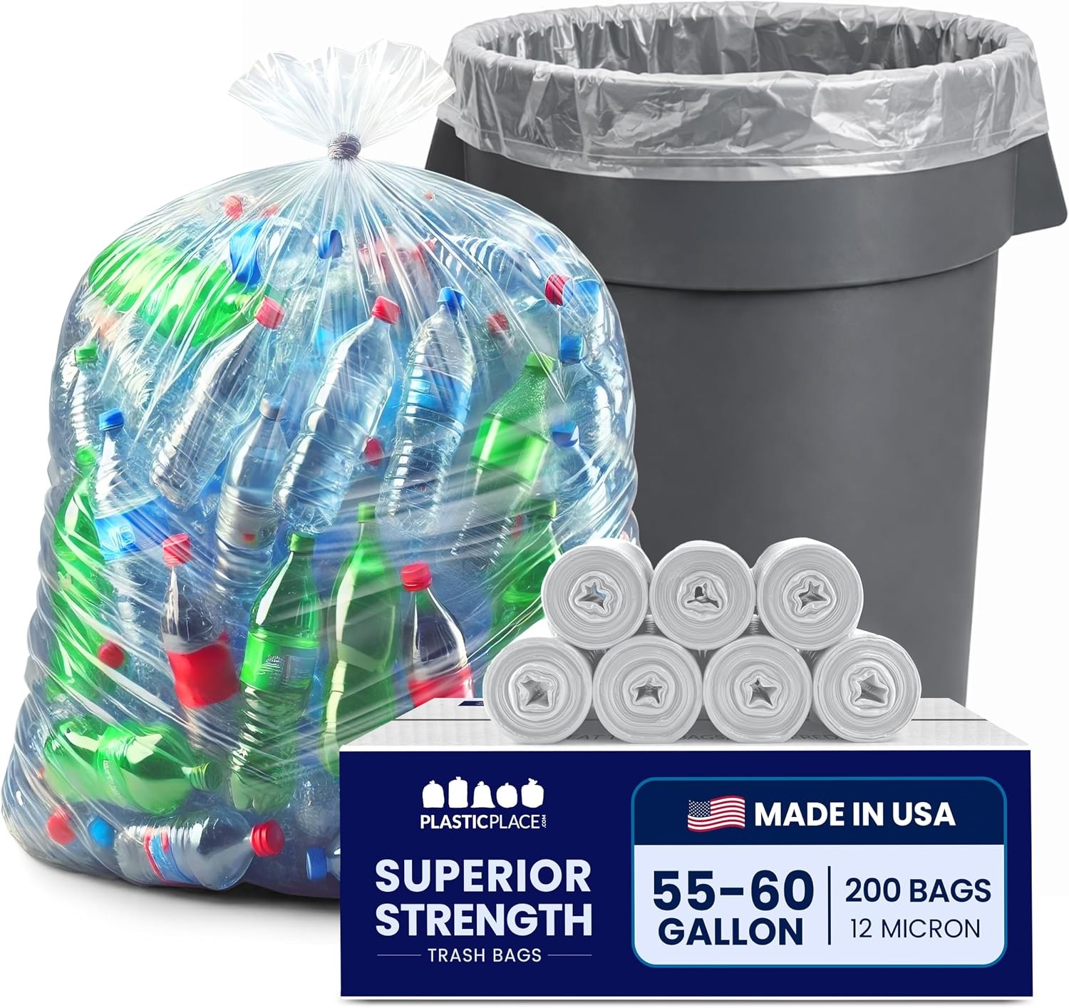 Plasticplace 55-60gal Trash Bags 200ct – 36×60″ Clear High Density 12 Microns