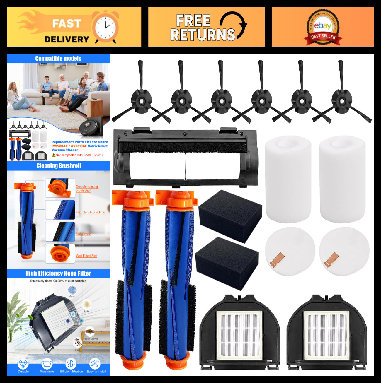 Replacement Parts for Shark Robot Vacuum – 2 Roller Brushes, 6 Side Brushes, HEP