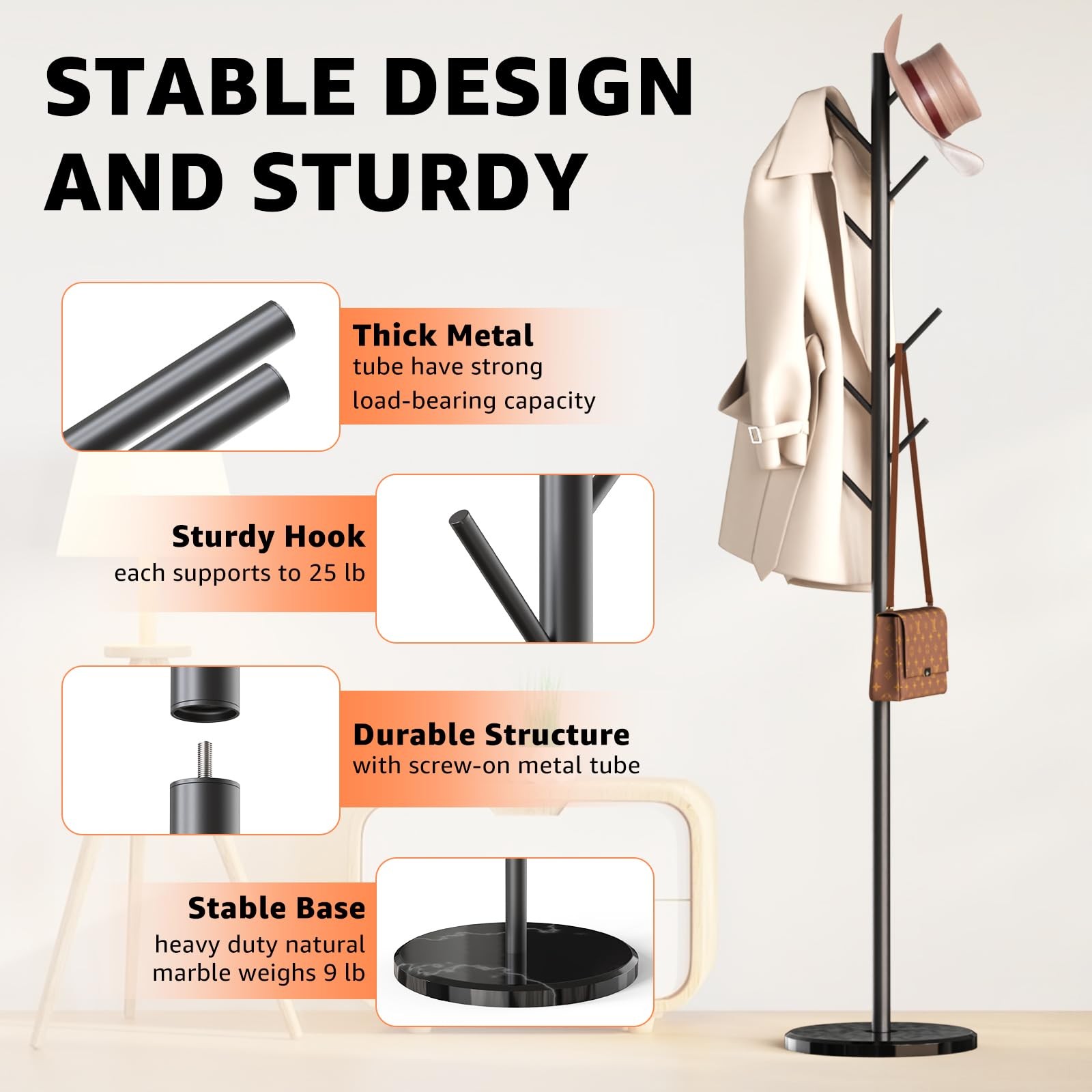 HzTinT Coat Rack with Natural Marble Base, 3 Adjustable 70 inches, Black