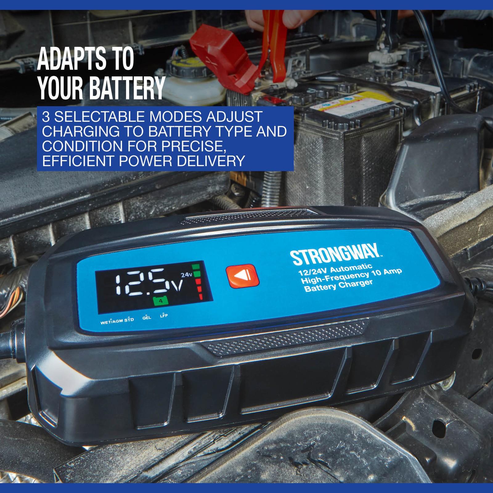 Strongway 12/24V Smart Battery Charger, 120V Input, 10A Max. Output, 3 Settings