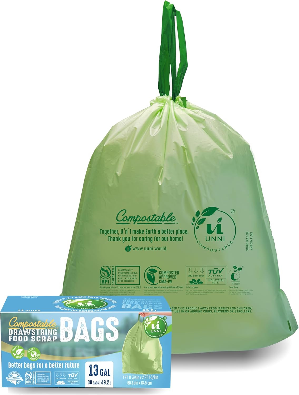 Compostable Drawstring Bags, 13 Gallon, 49.2 Liter, 30 Count, Heavy Duty 1 Mil,