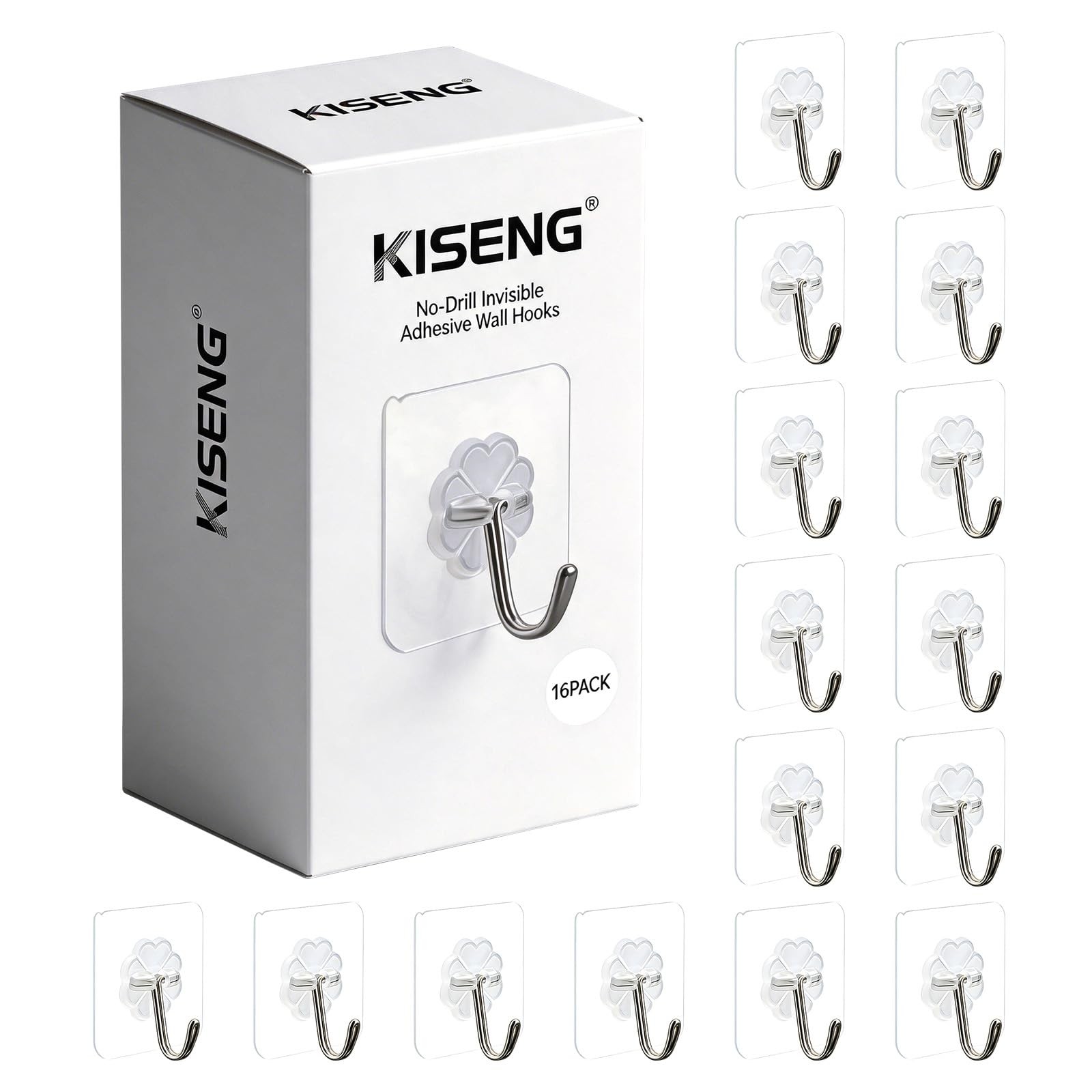 16 Pack Crystal Clear Adhesive Hooks for Hanging Heavy Duty 22lb Sticky