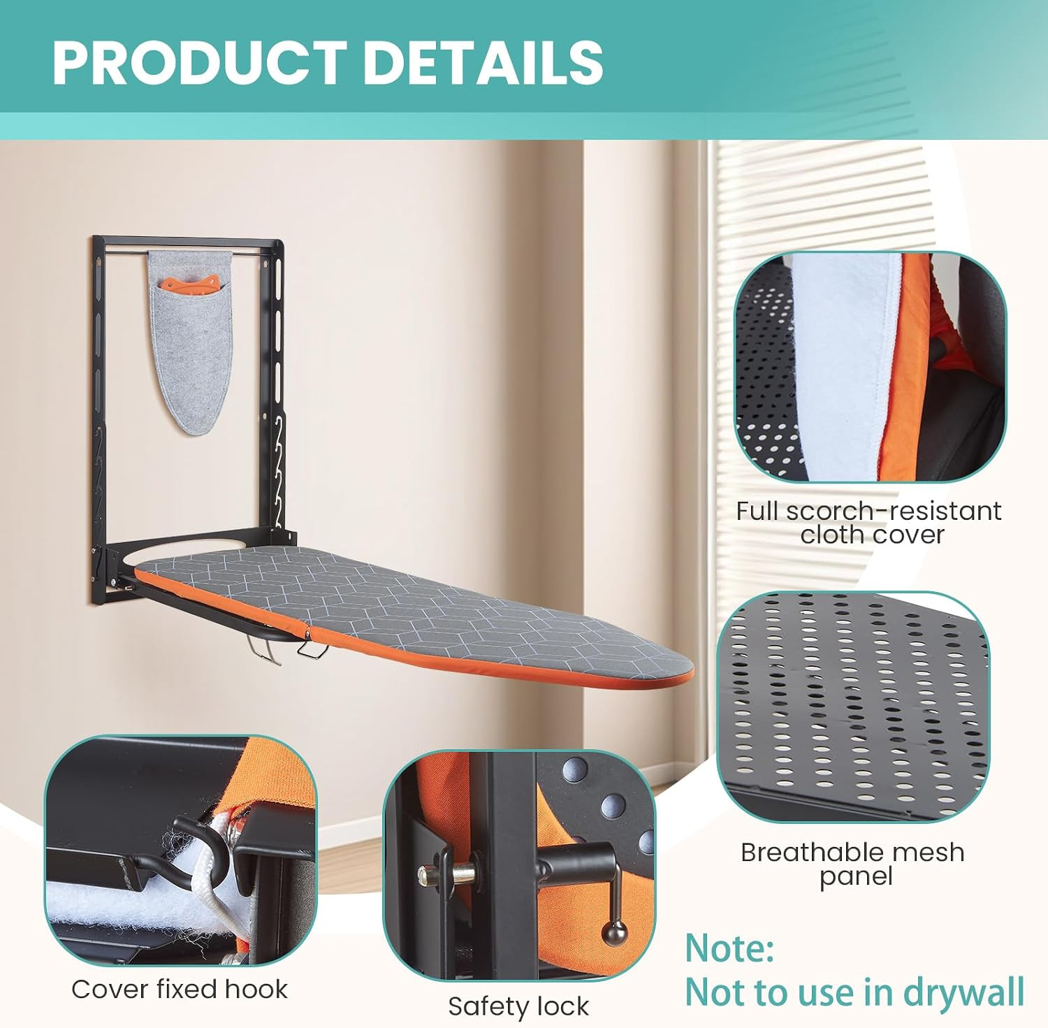 Wall Mounted Ironing Board with Iron Holder, 42X14 Compact Mount Foldable Ironin