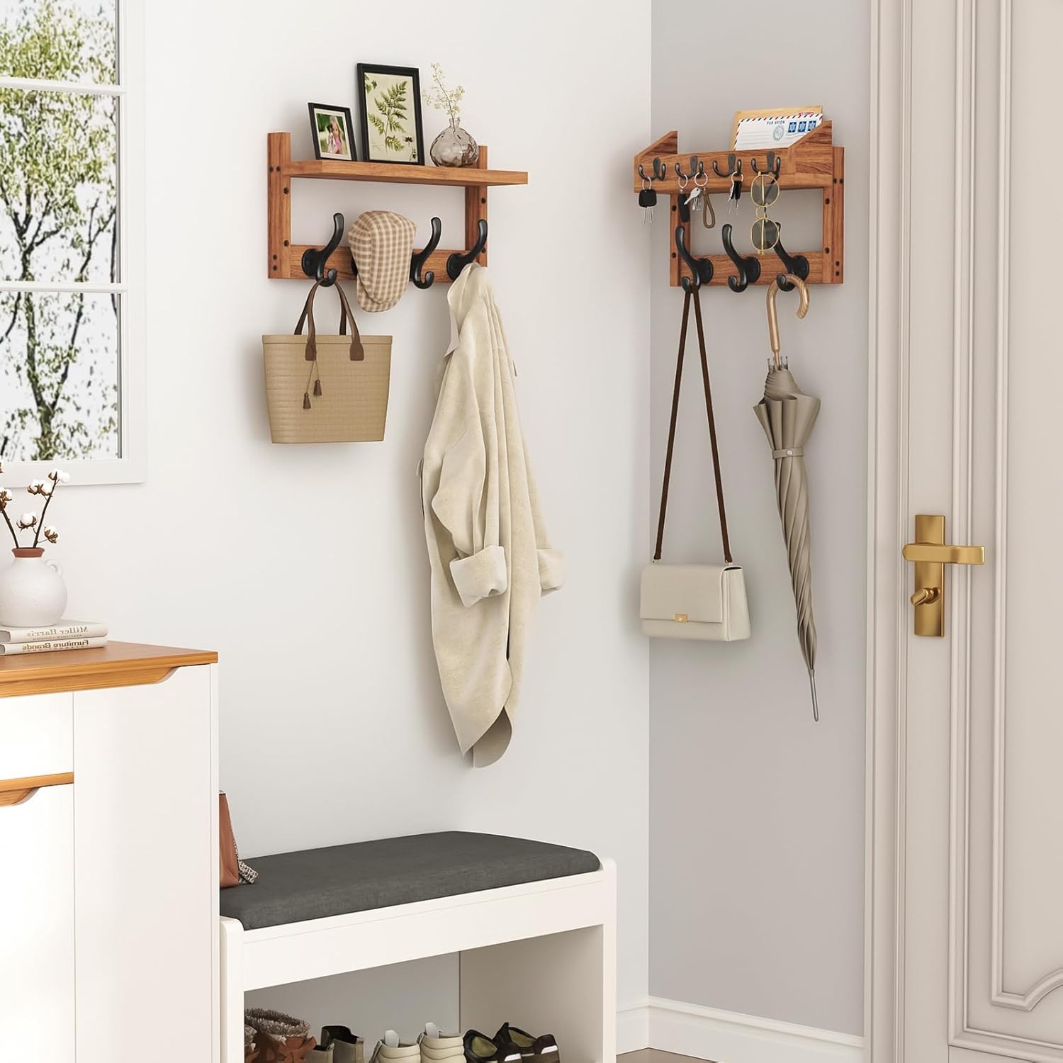 Wood Coat Rack Wall Mounted,Natural Wood Plank with 11 Black Metal Hooks, Hat an