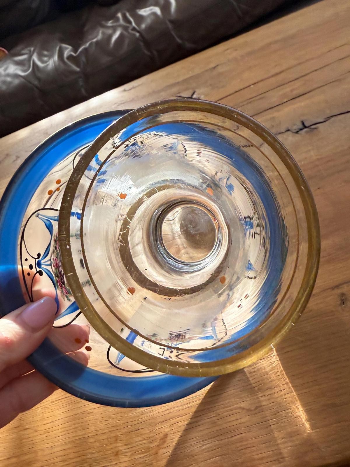 Art Nouveau Gilded Blown Glass Compote Footed Circa 1900 Hand Painted