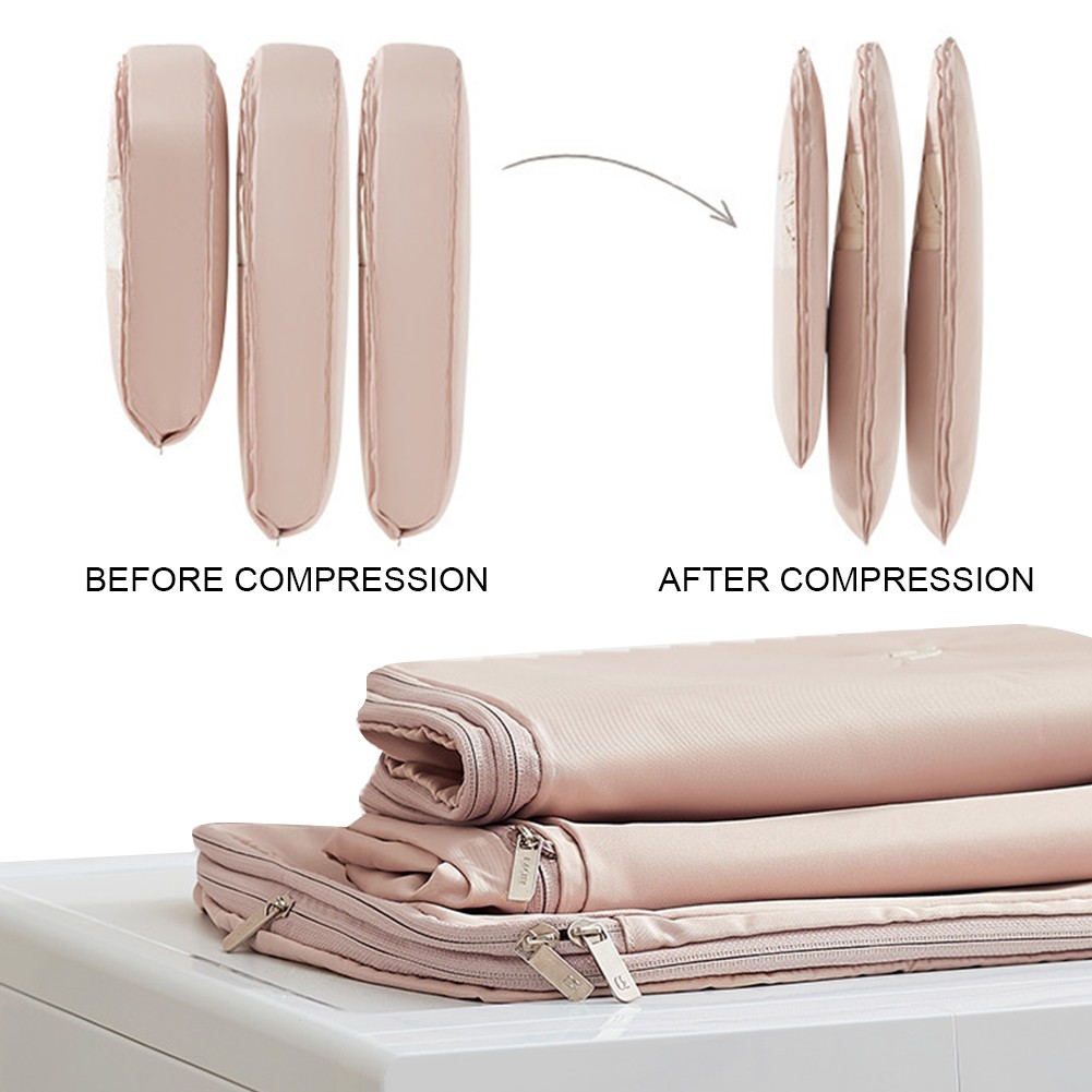 Space Saving Hanging Garment Bag w/ Self Compression Zipper Storage Bag(Pink L)