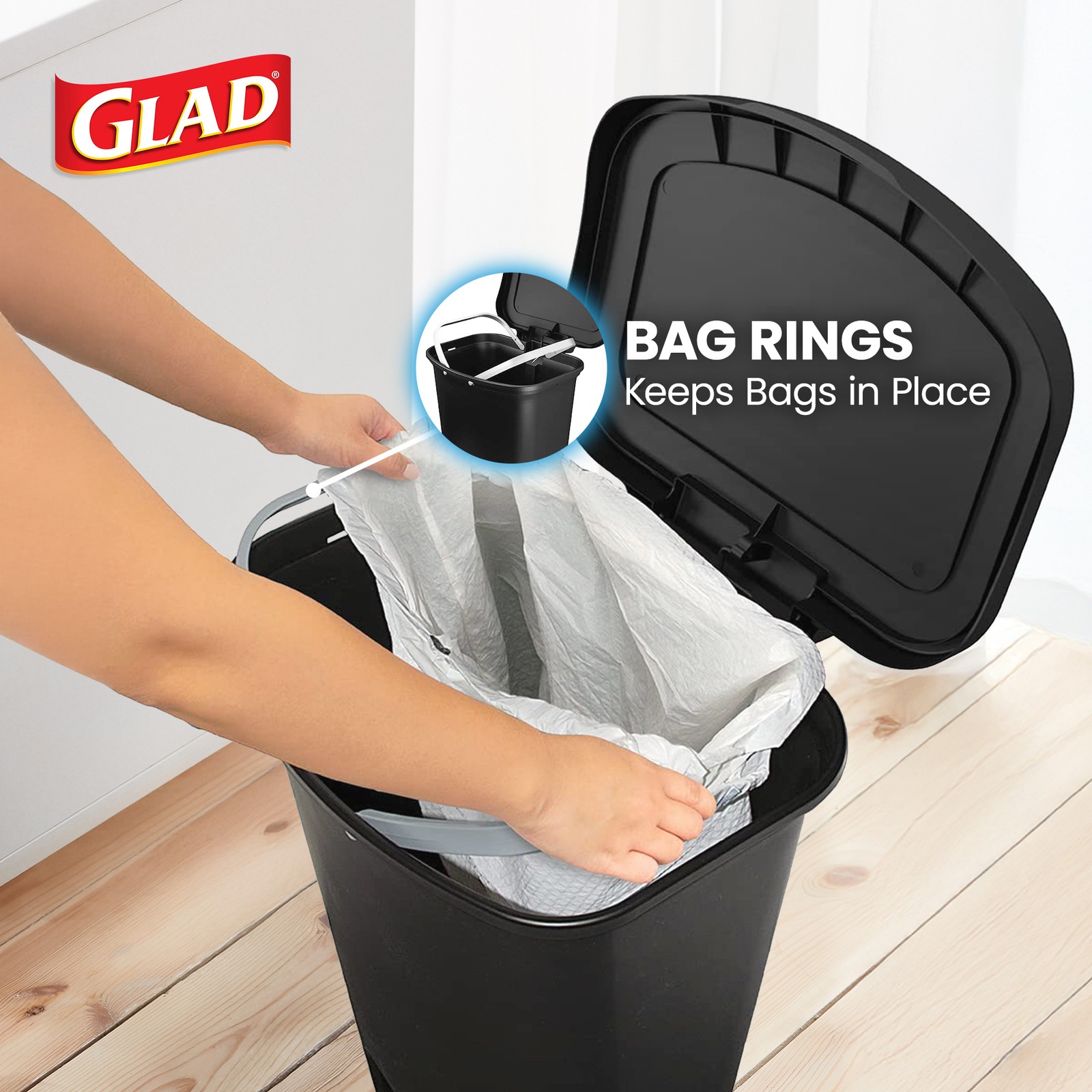 Glad Trash Can w/Lid, Foot Pedal & Garbage Bag Rings, 13 Gal, Black (Open Box)