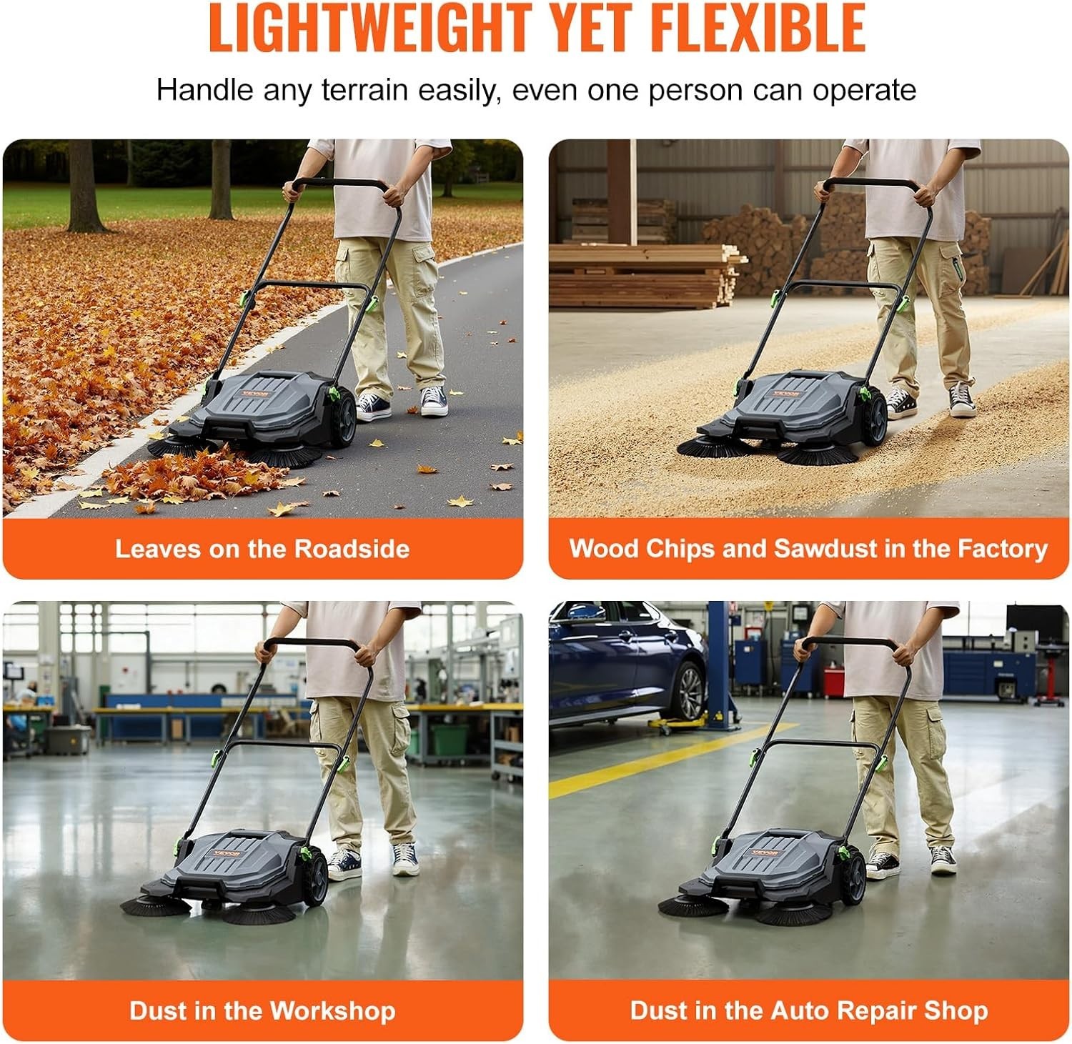 Walk-behind Hand Push Floor Sweeper, 25.6″ Sweeping Width | Manual Non-Electr…